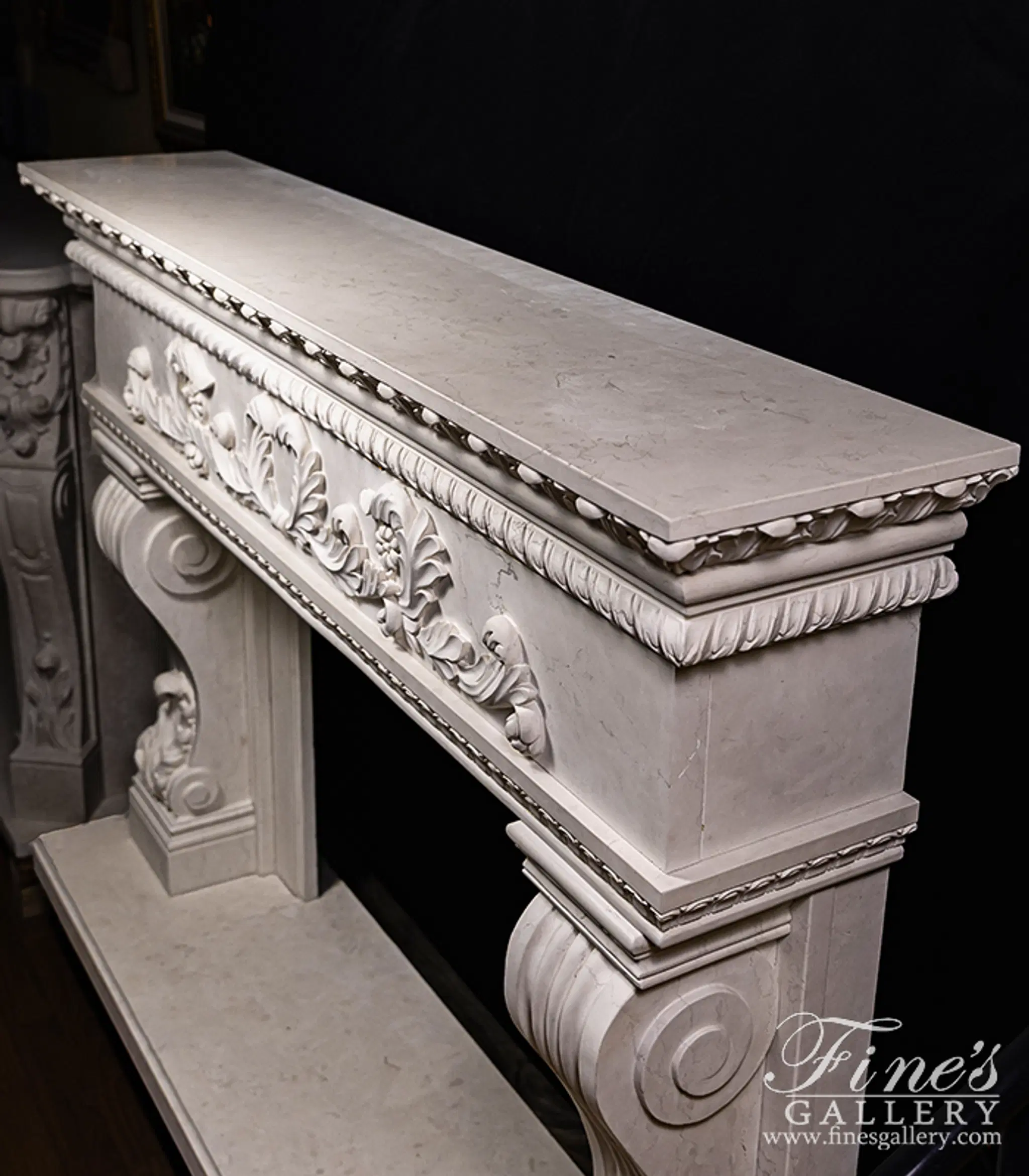 Oversized Italian Style Mantel in Italian Bianco Perlino Marble — Model MFP-2616 — detail view 8