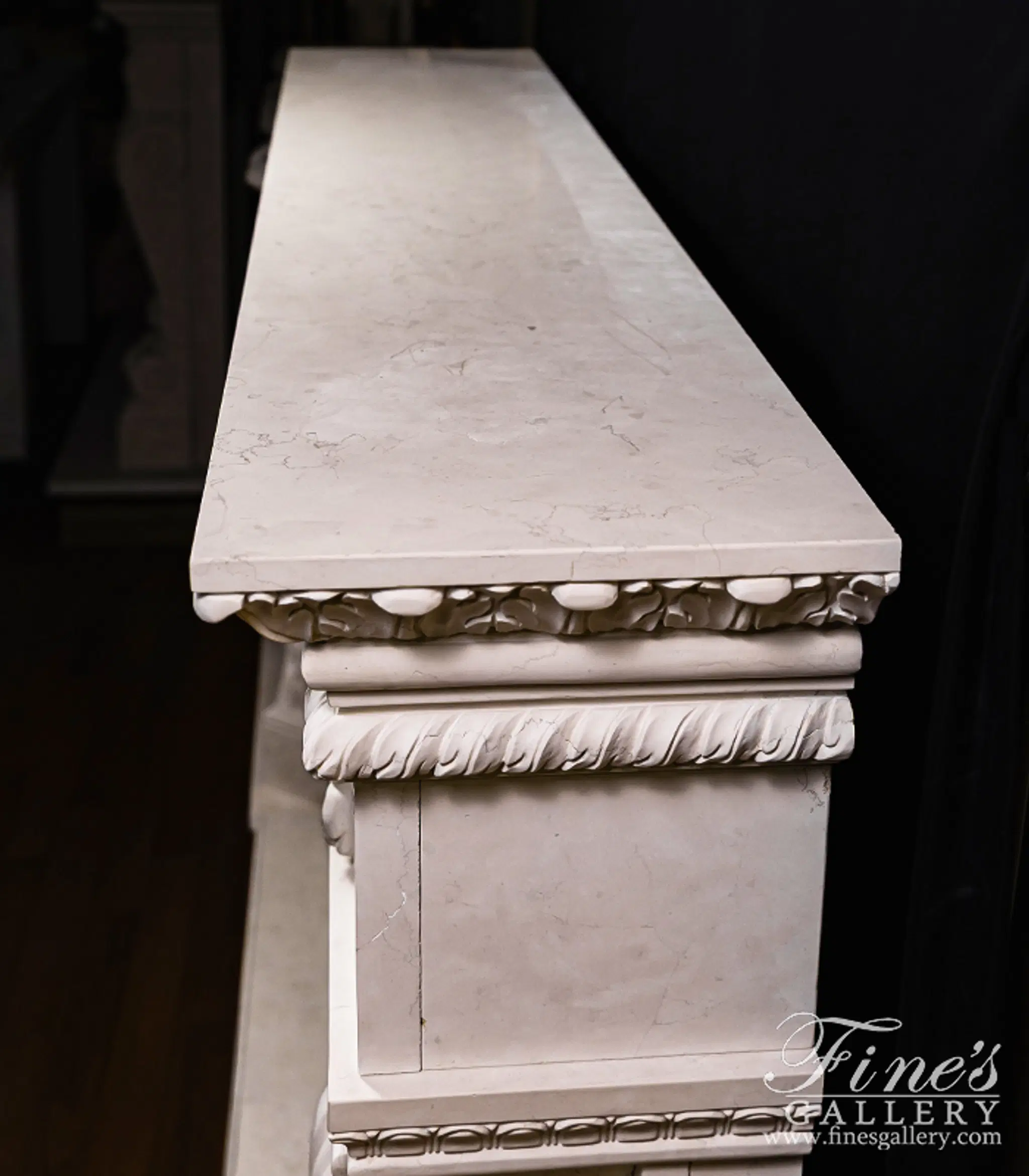 Oversized Italian Style Mantel in Italian Bianco Perlino Marble — Model MFP-2616 — detail view 9