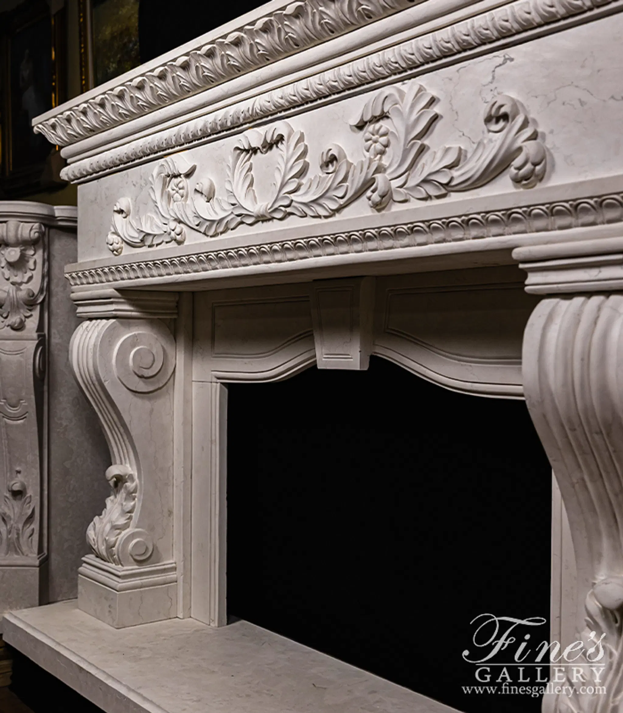 Oversized Italian Style Mantel in Italian Bianco Perlino Marble — Model MFP-2616 — detail view 10
