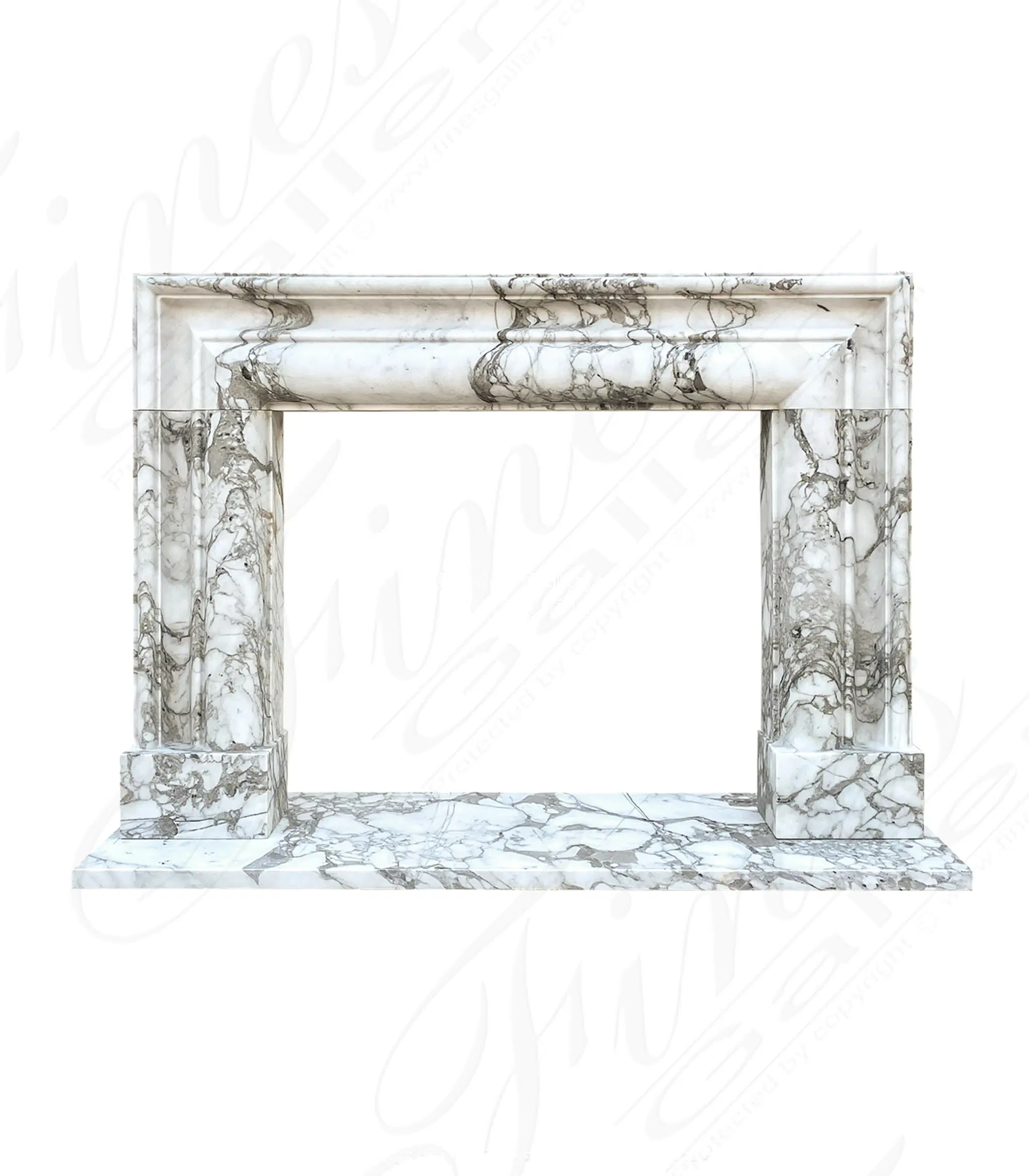Bolection style mantel in Exotic Arabascato Marble — Model MFP-2619 — Hand-Crafted by Fine's Gallery