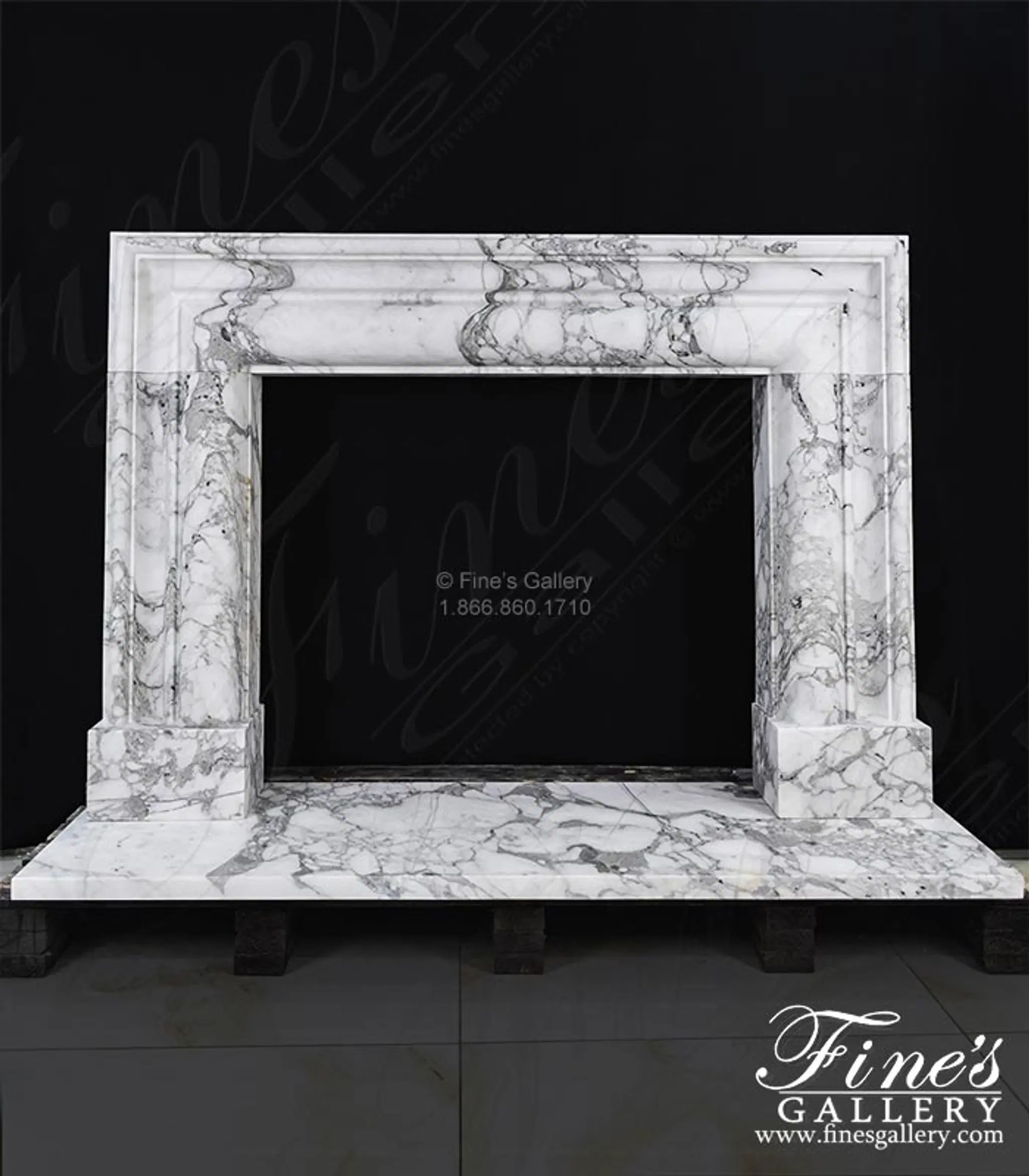 Bolection style mantel in Exotic Arabascato Marble — Model MFP-2619 — detail view 1
