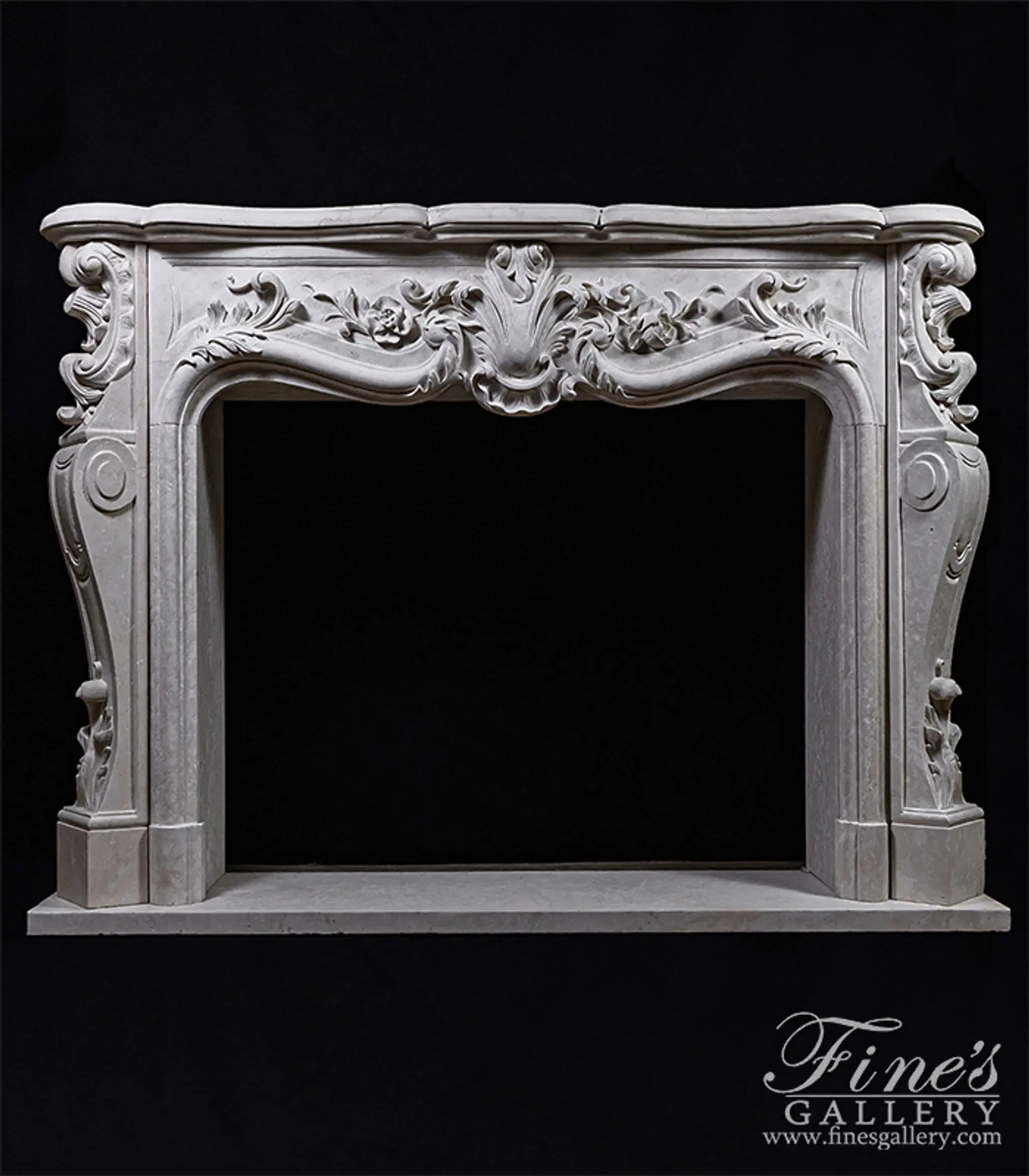Deep Relief French Style Mantel in Italian Botticino Marble — Model MFP-2634 — Hand-Crafted by Fine's Gallery