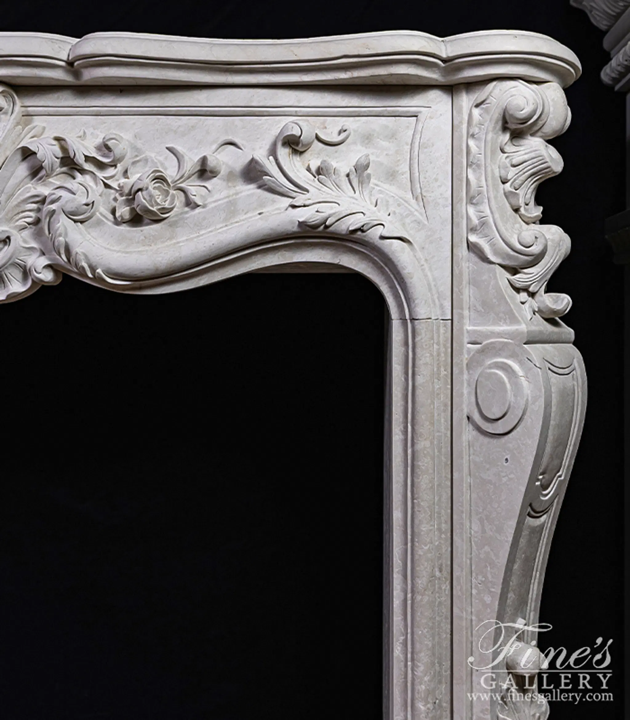 Deep Relief French Style Mantel in Italian Botticino Marble — Model MFP-2634 — detail view 3