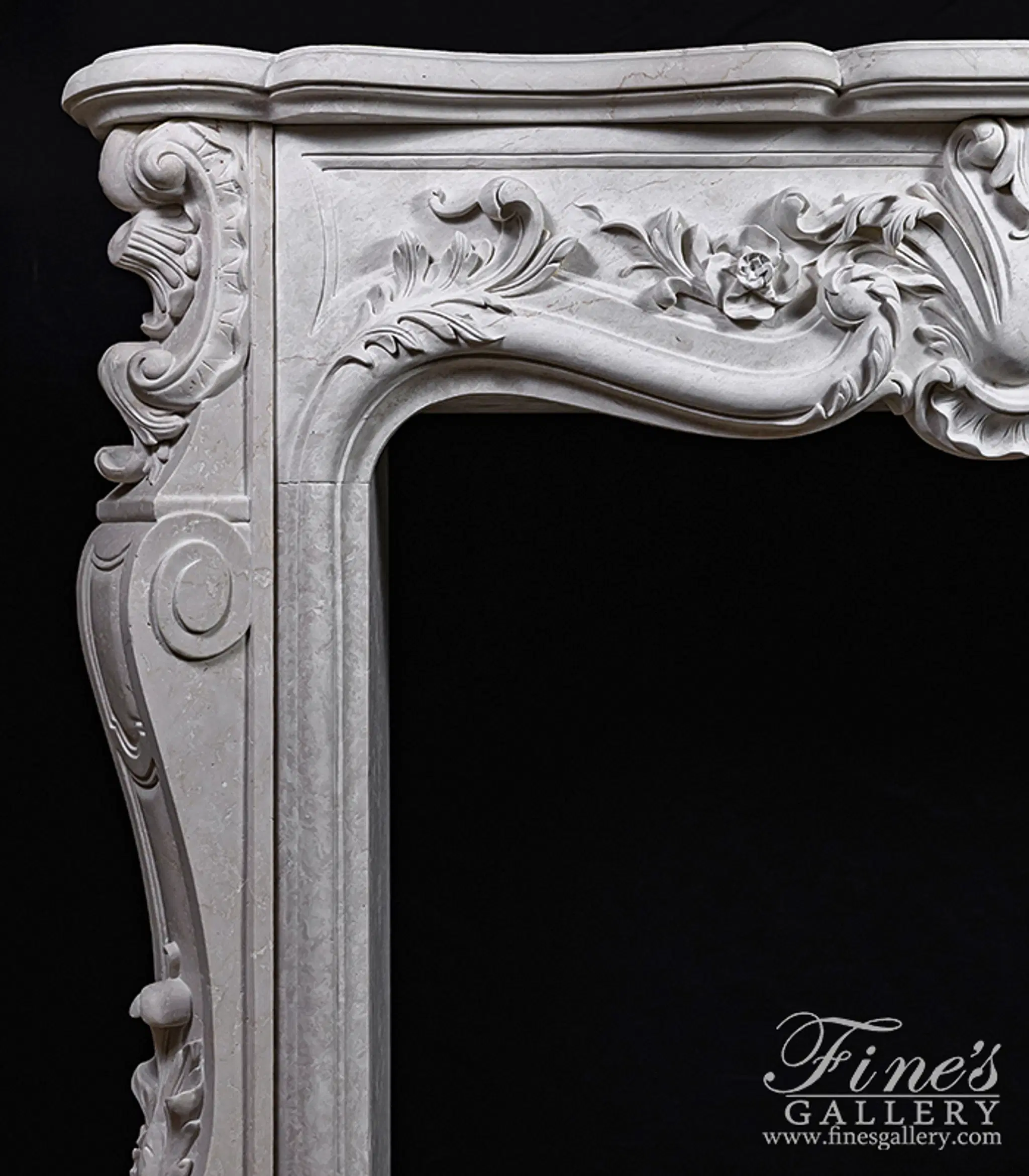 Deep Relief French Style Mantel in Italian Botticino Marble — Model MFP-2634 — detail view 4