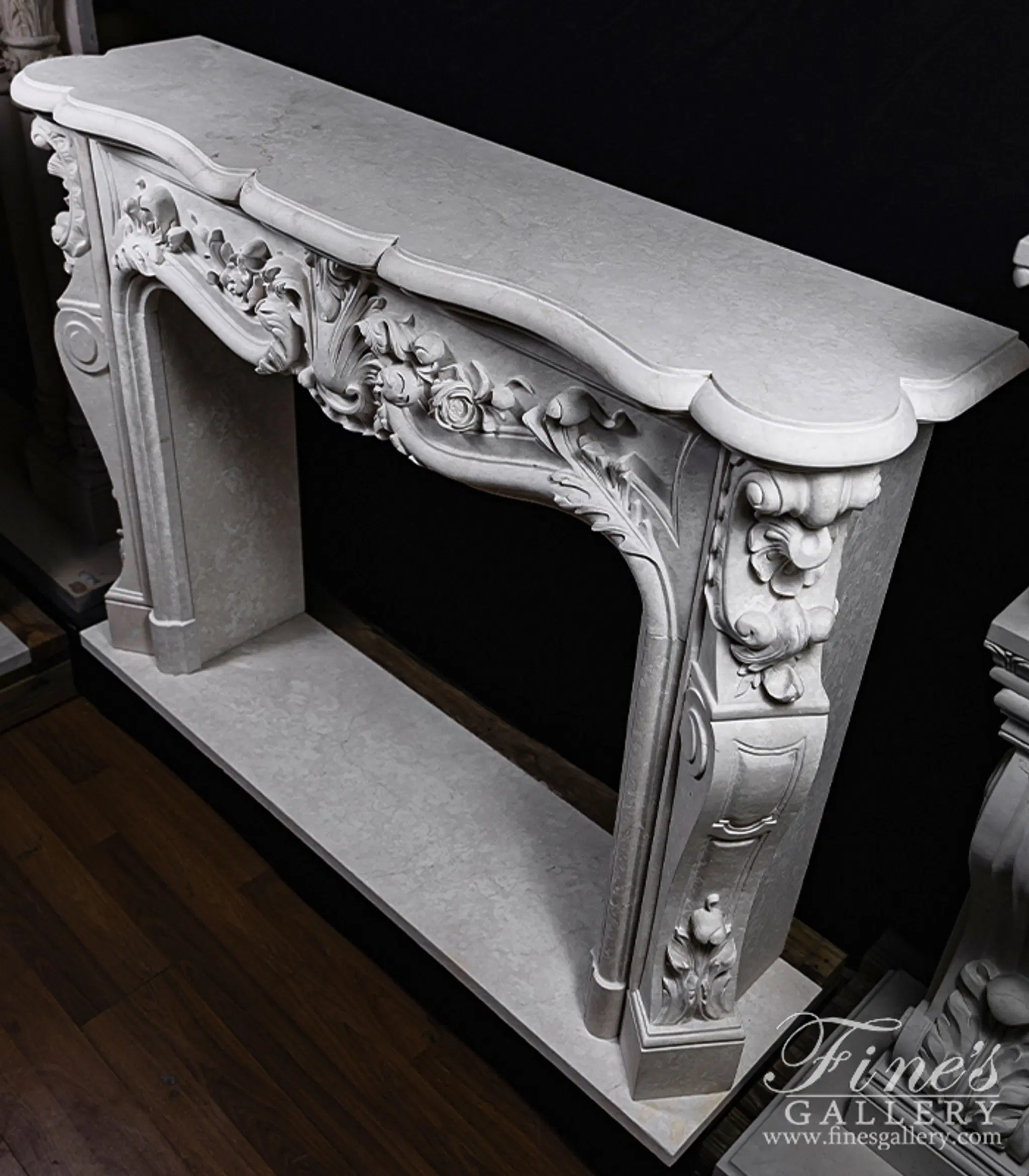 Deep Relief French Style Mantel in Italian Botticino Marble — Model MFP-2634 — detail view 5