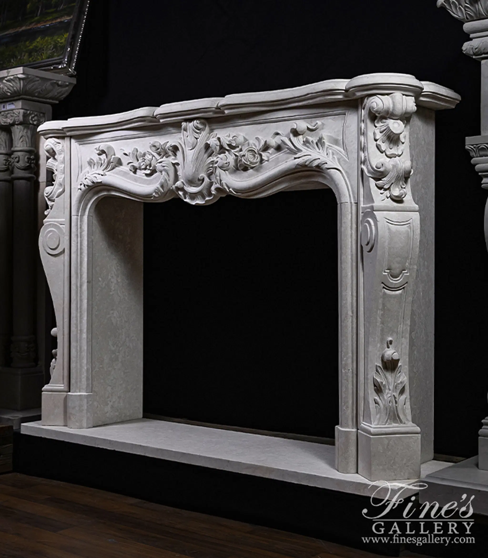 Deep Relief French Style Mantel in Italian Botticino Marble — Model MFP-2634 — detail view 6