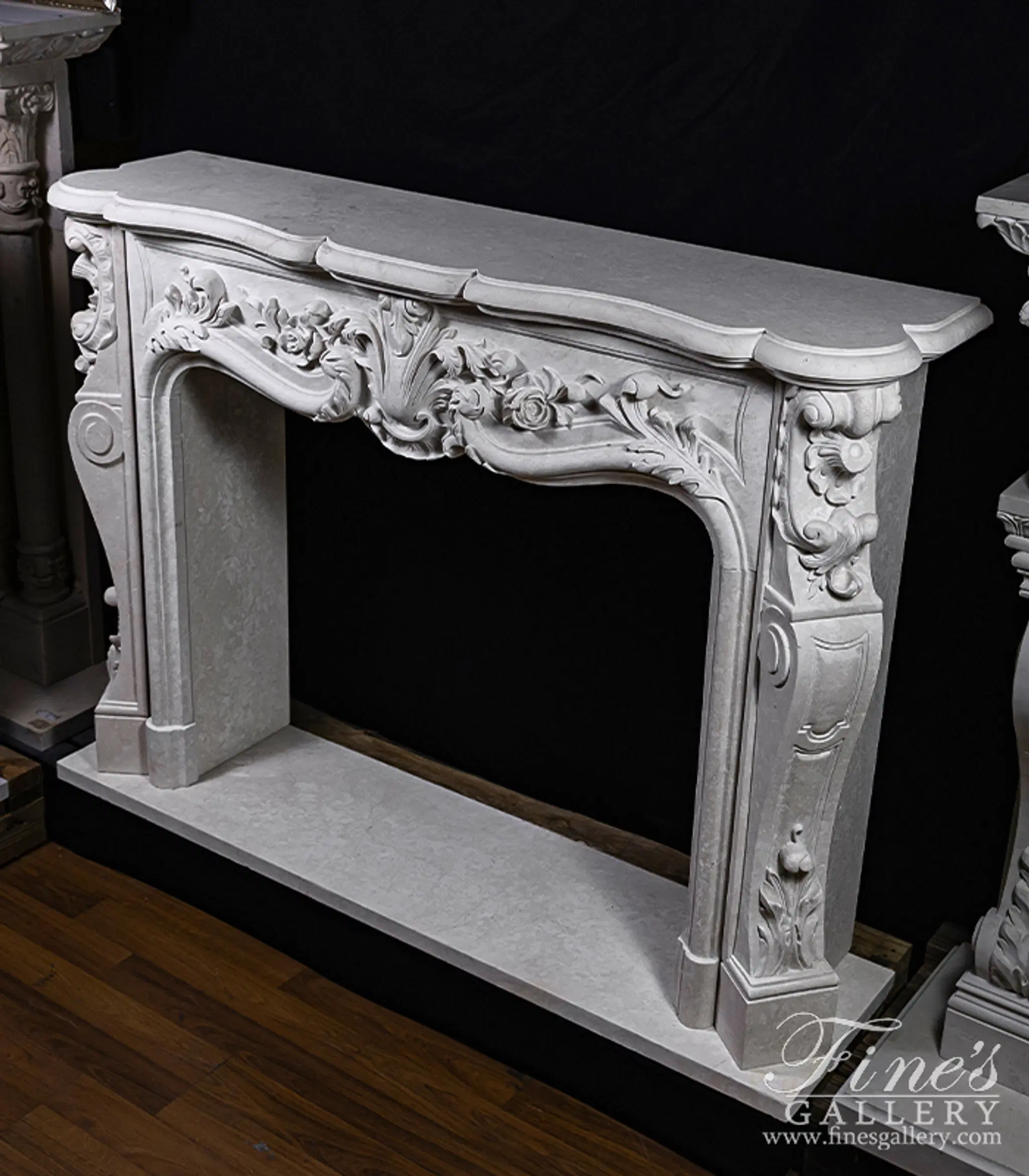 Deep Relief French Style Mantel in Italian Botticino Marble — Model MFP-2634 — detail view 7
