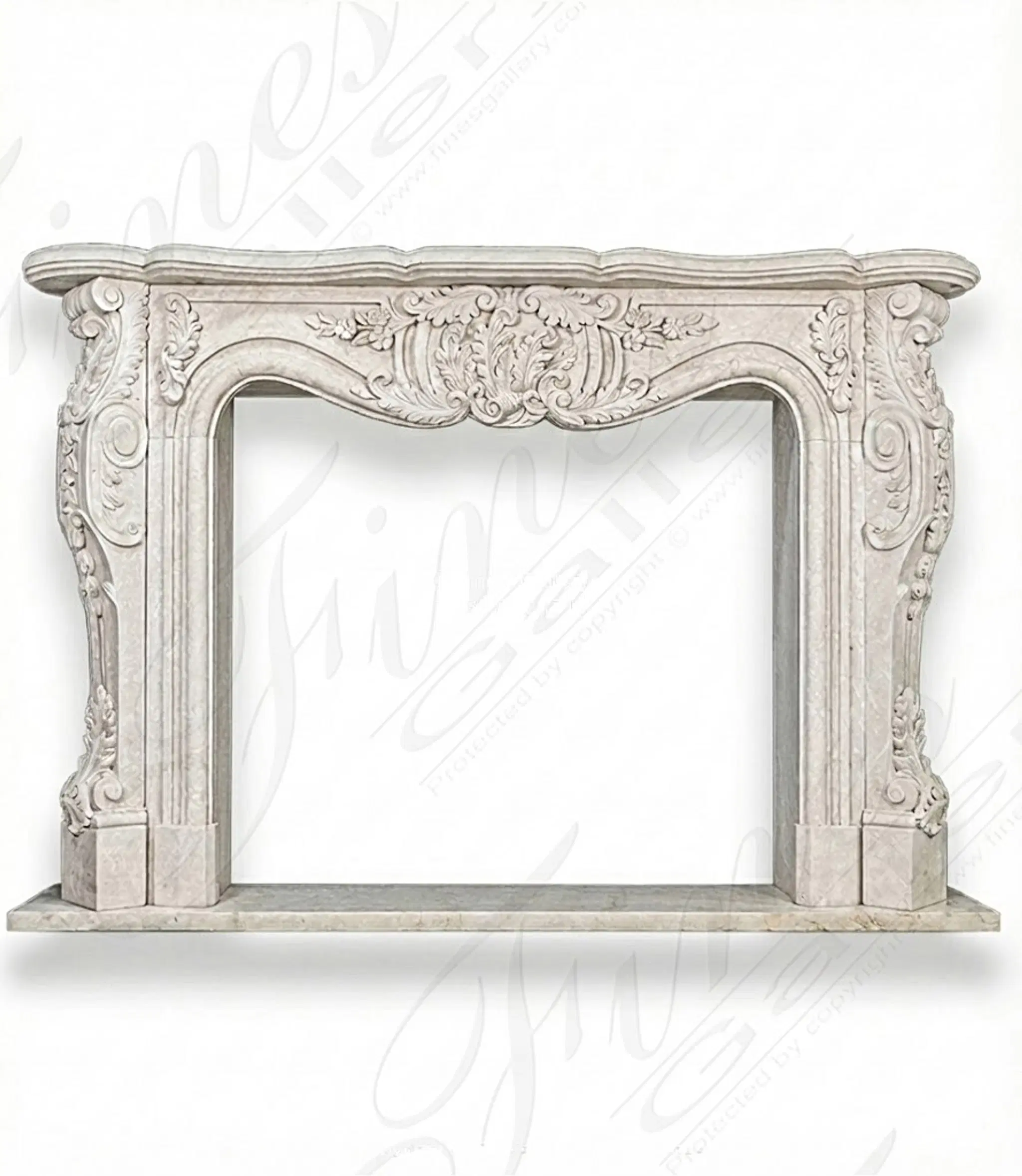 Oversized French Style Mantel in Italian Botticino — Model MFP-2641 — Hand-Crafted by Fine's Gallery