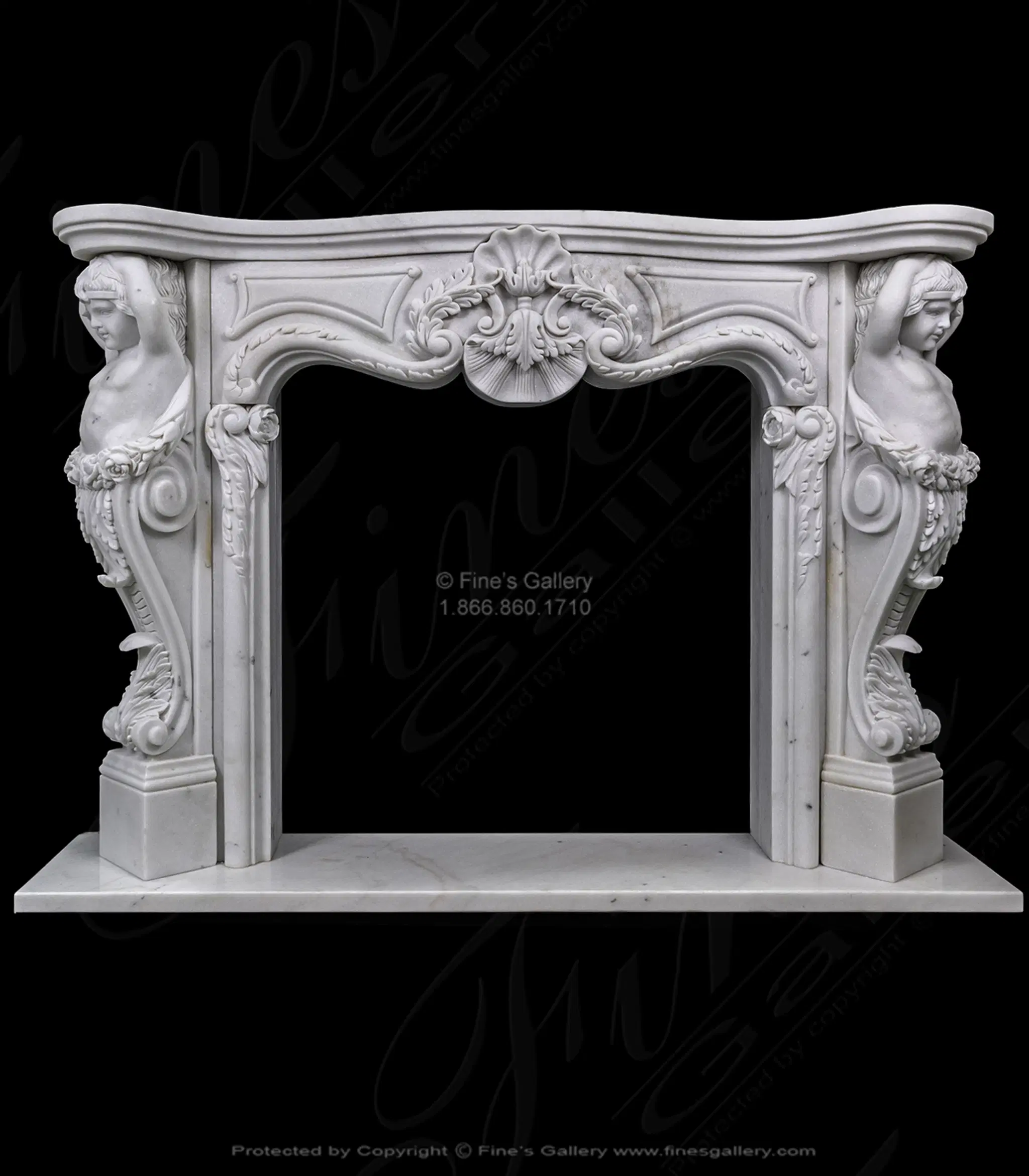 Cherub Themed Mantel with Ornate Scrollwork and Shell Motif — Model MFP-2662 — Hand-Crafted by Fine's Gallery