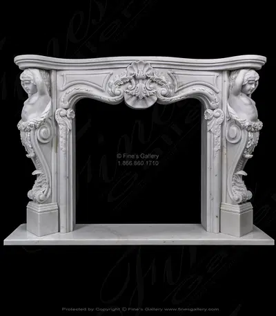 Cherub Themed Mantel with Ornate Scrollwork and Shell Motif