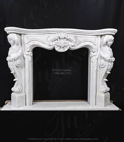 Cherub Themed Mantel with Ornate Scrollwork and Shell Motif