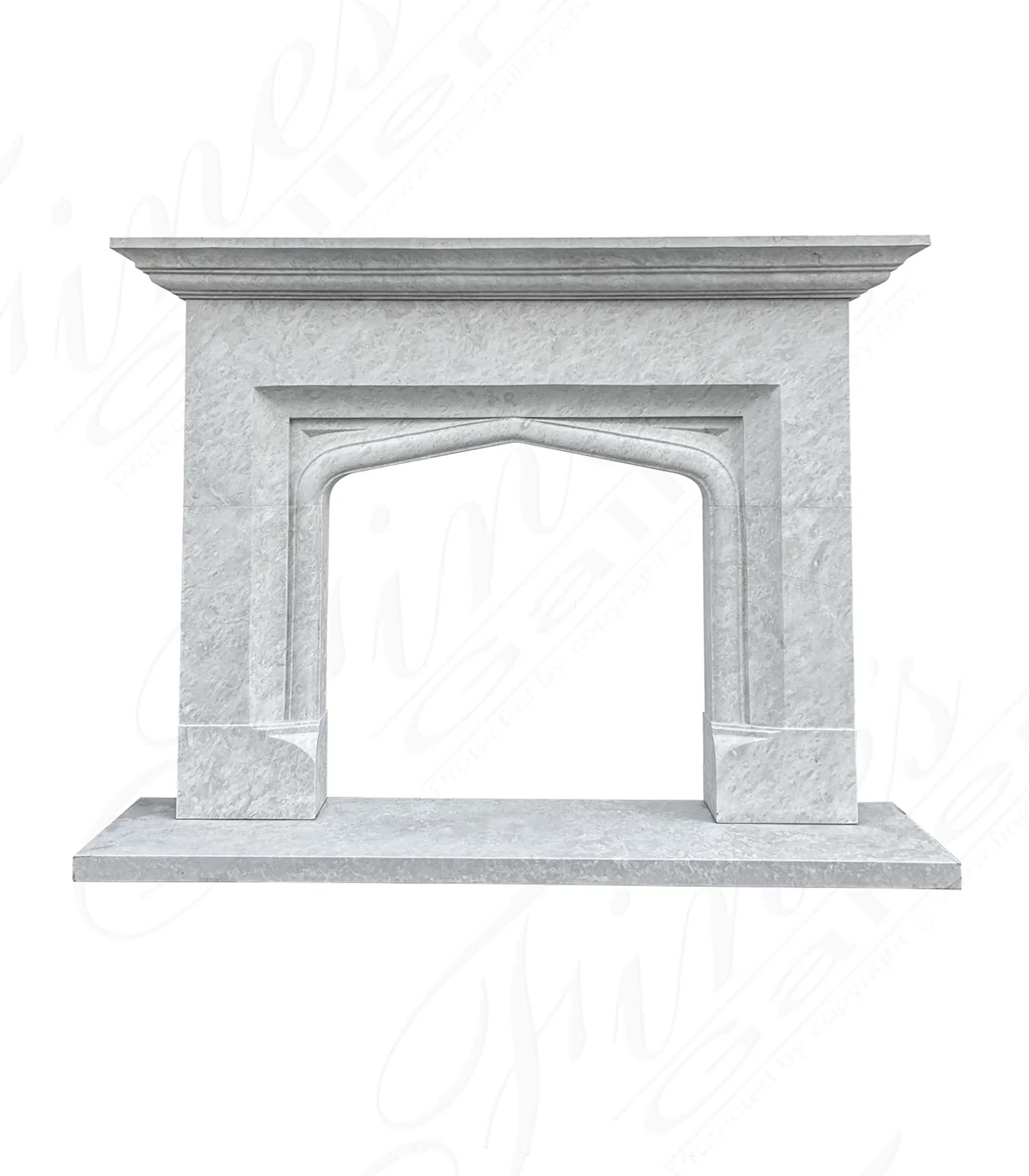 A Contemporary Tudor Style Mantel in Italian Botticino Marble — Model MFP-2666 — Hand-Crafted by Fine's Gallery
