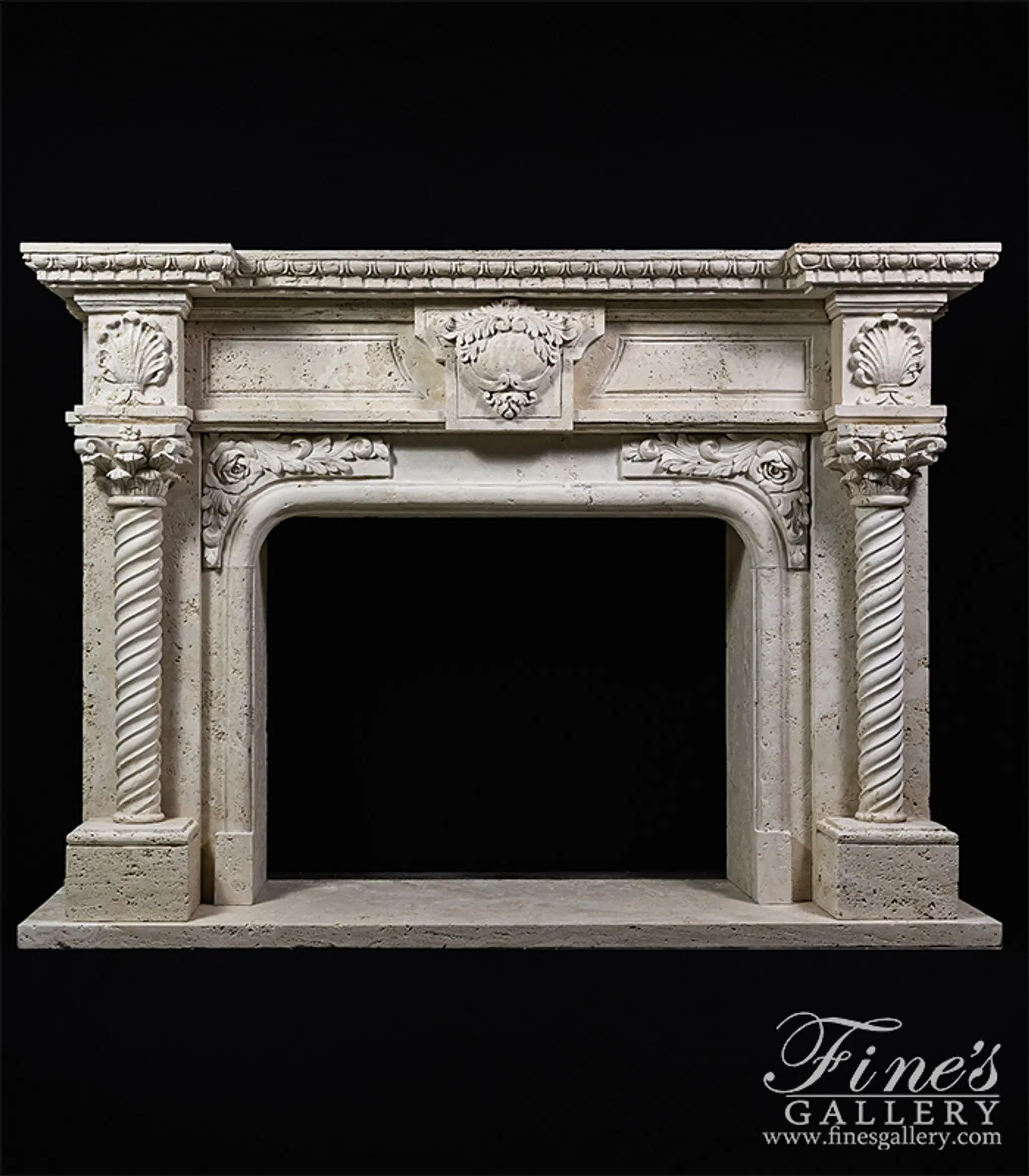 Neoclassical Style Mantelpiece in Roman Travertine — Model MFP-2670 — Hand-Crafted by Fine's Gallery