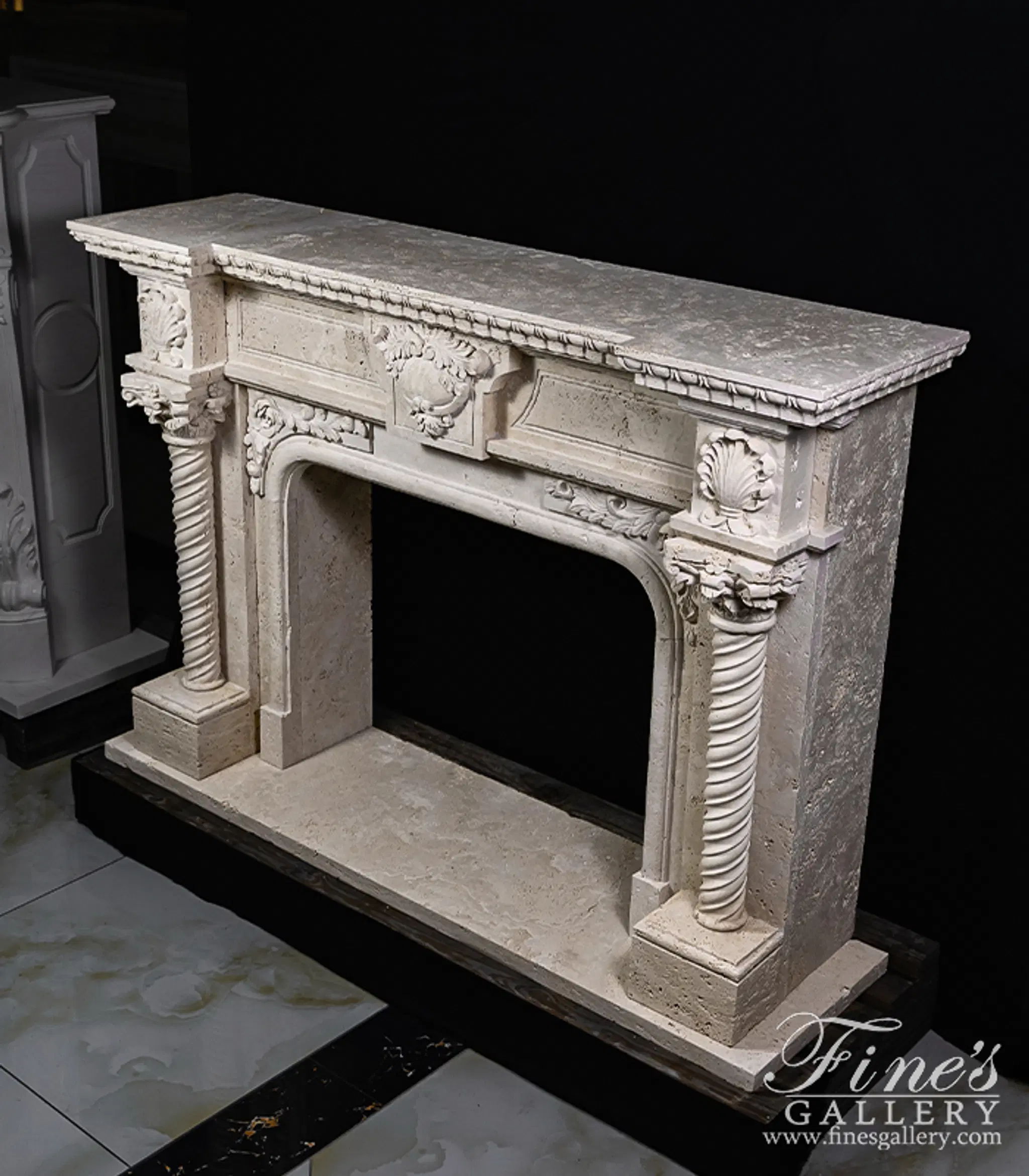 Neoclassical Style Mantelpiece in Roman Travertine — Model MFP-2670 — detail view 2