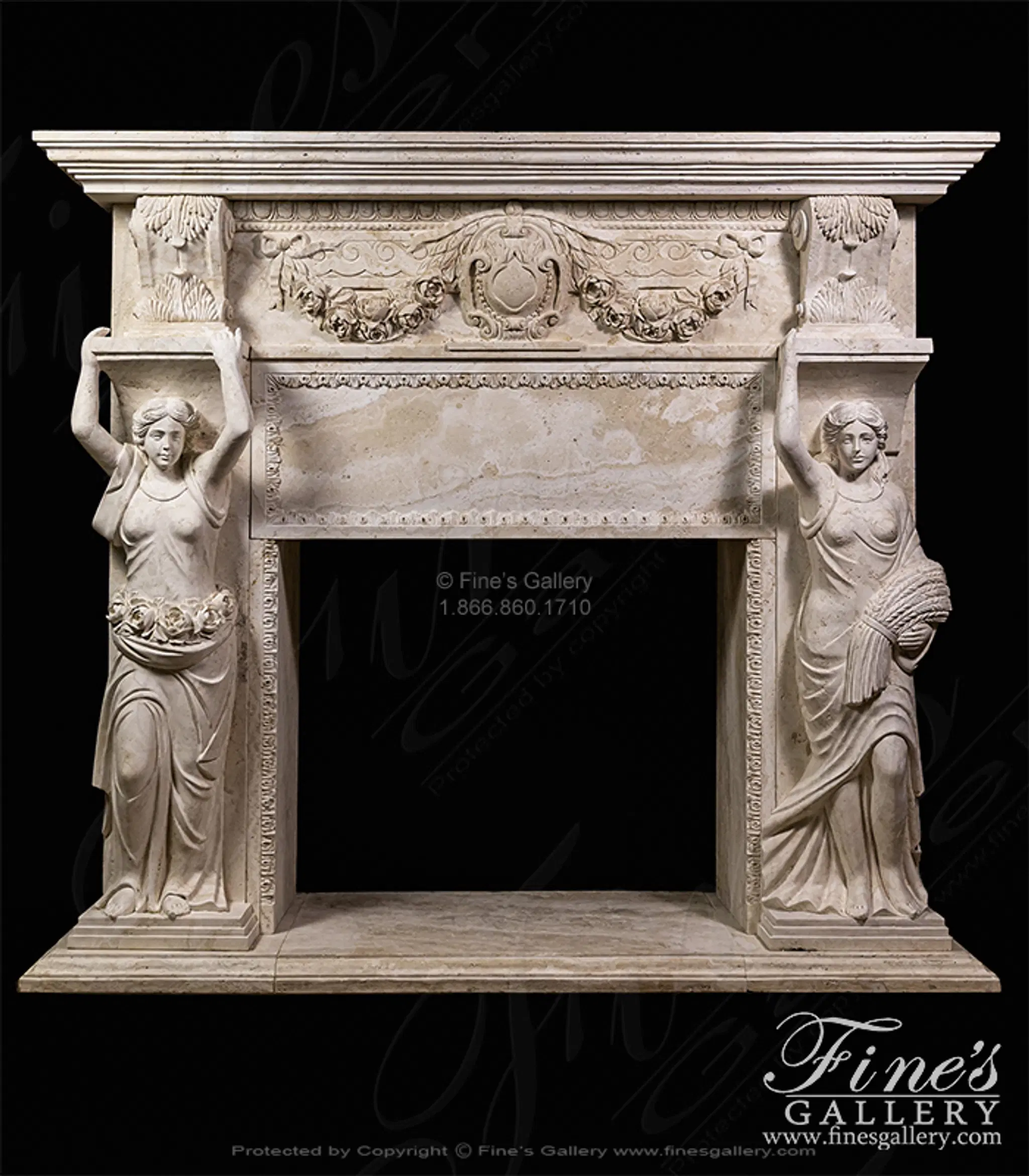 Oversized Figural Maidens with Rose Garlands Mantel in Italian Ivory Travertine