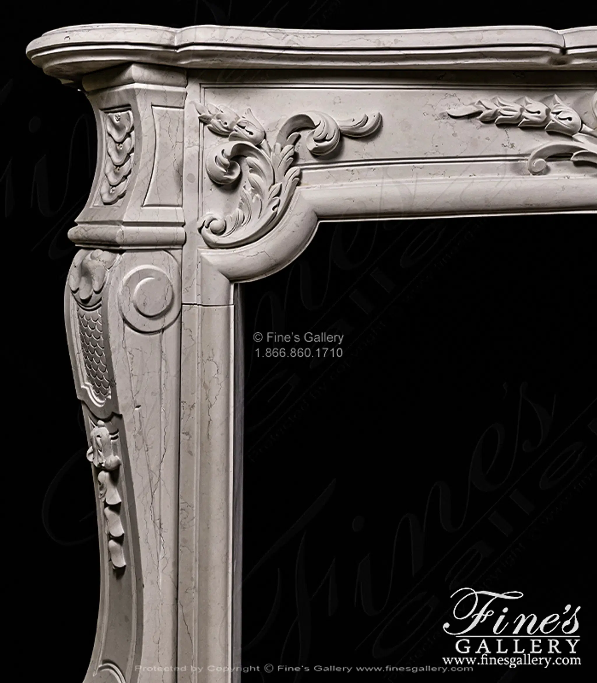 Rare French Style Mantel in Italian Quarried Perlino Marble — Model MFP-2705 — detail view 5