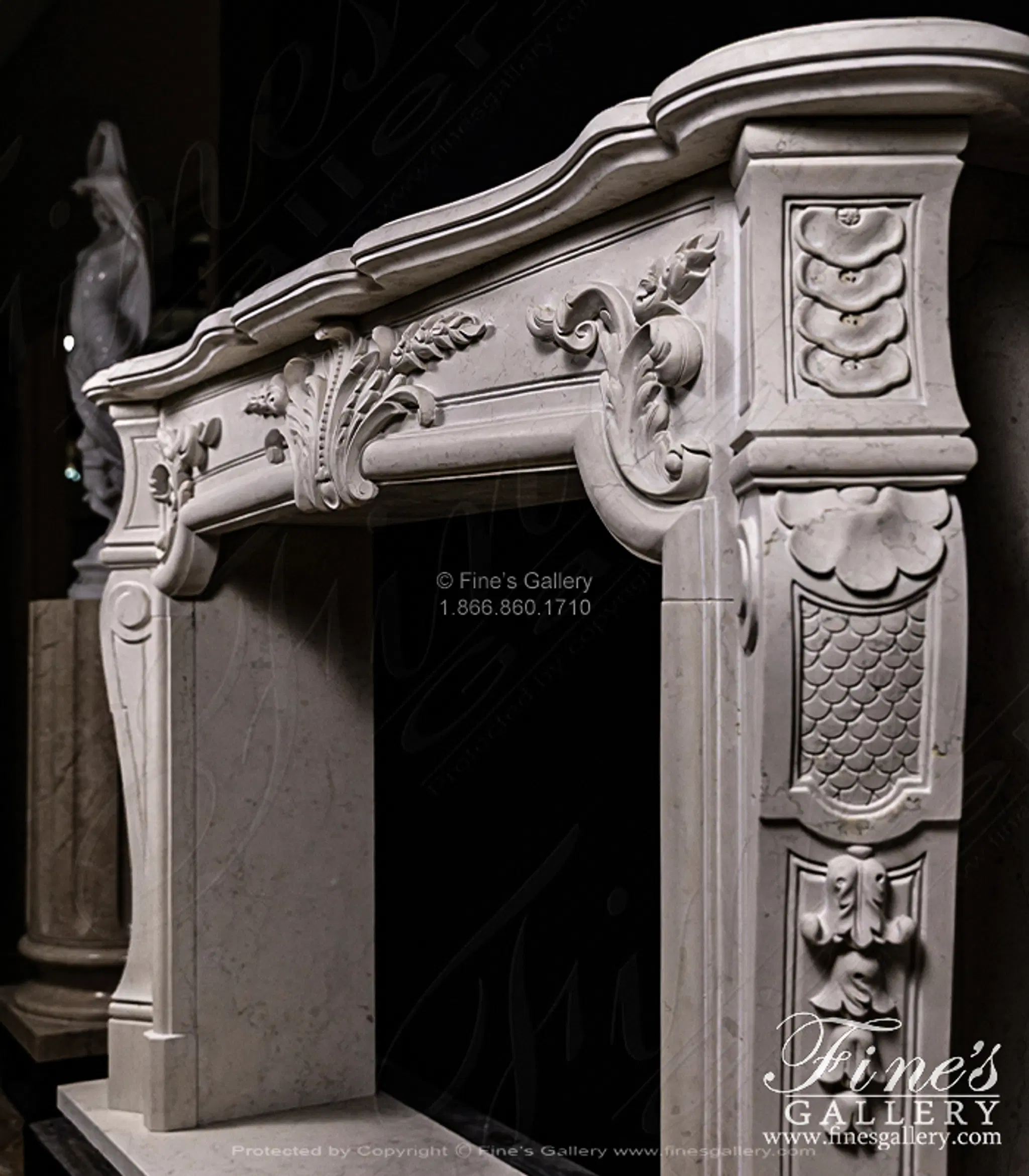 Rare French Style Mantel in Italian Quarried Perlino Marble — Model MFP-2705 — detail view 6