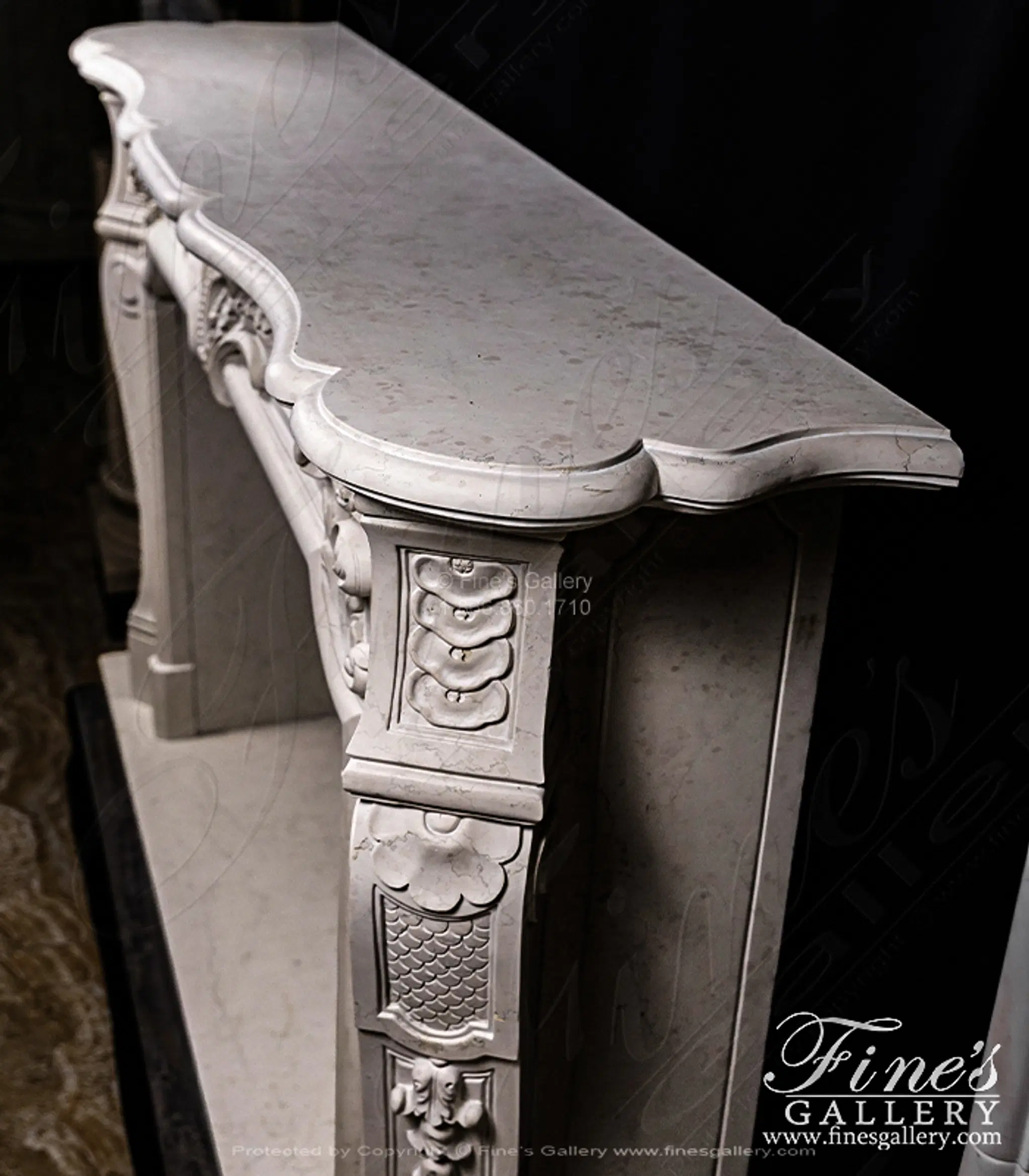 Rare French Style Mantel in Italian Quarried Perlino Marble — Model MFP-2705 — detail view 7