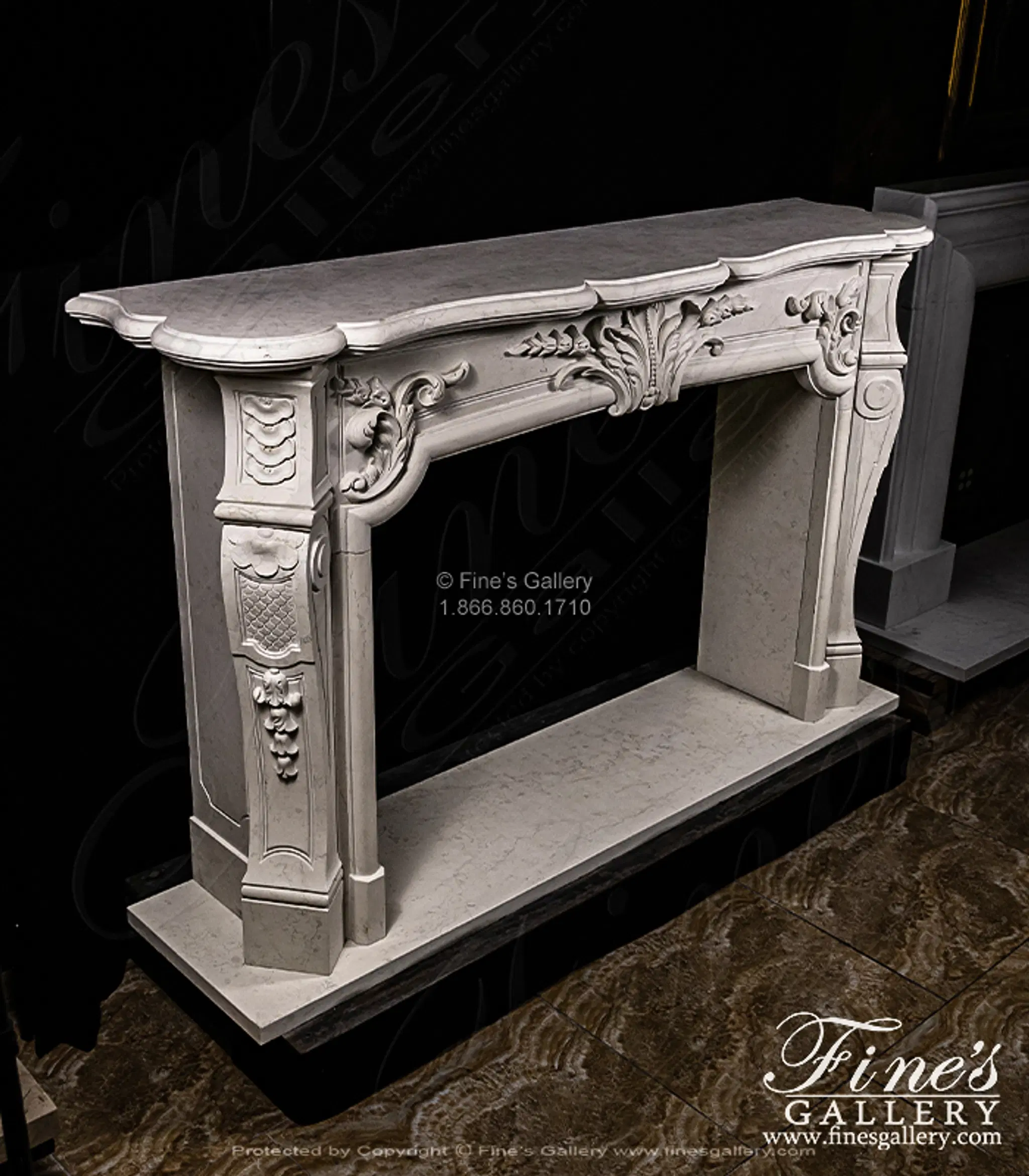 Rare French Style Mantel in Italian Quarried Perlino Marble — Model MFP-2705 — detail view 2