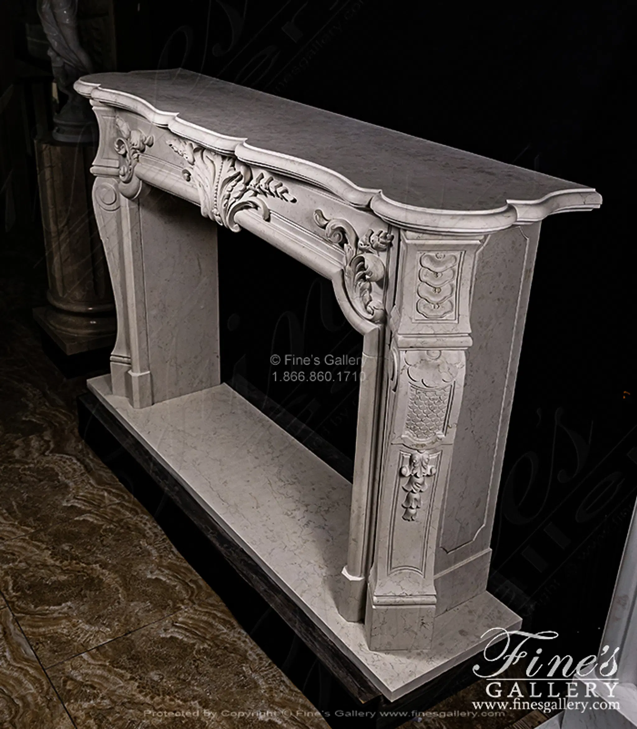 Rare French Style Mantel in Italian Quarried Perlino Marble — Model MFP-2705 — detail view 3