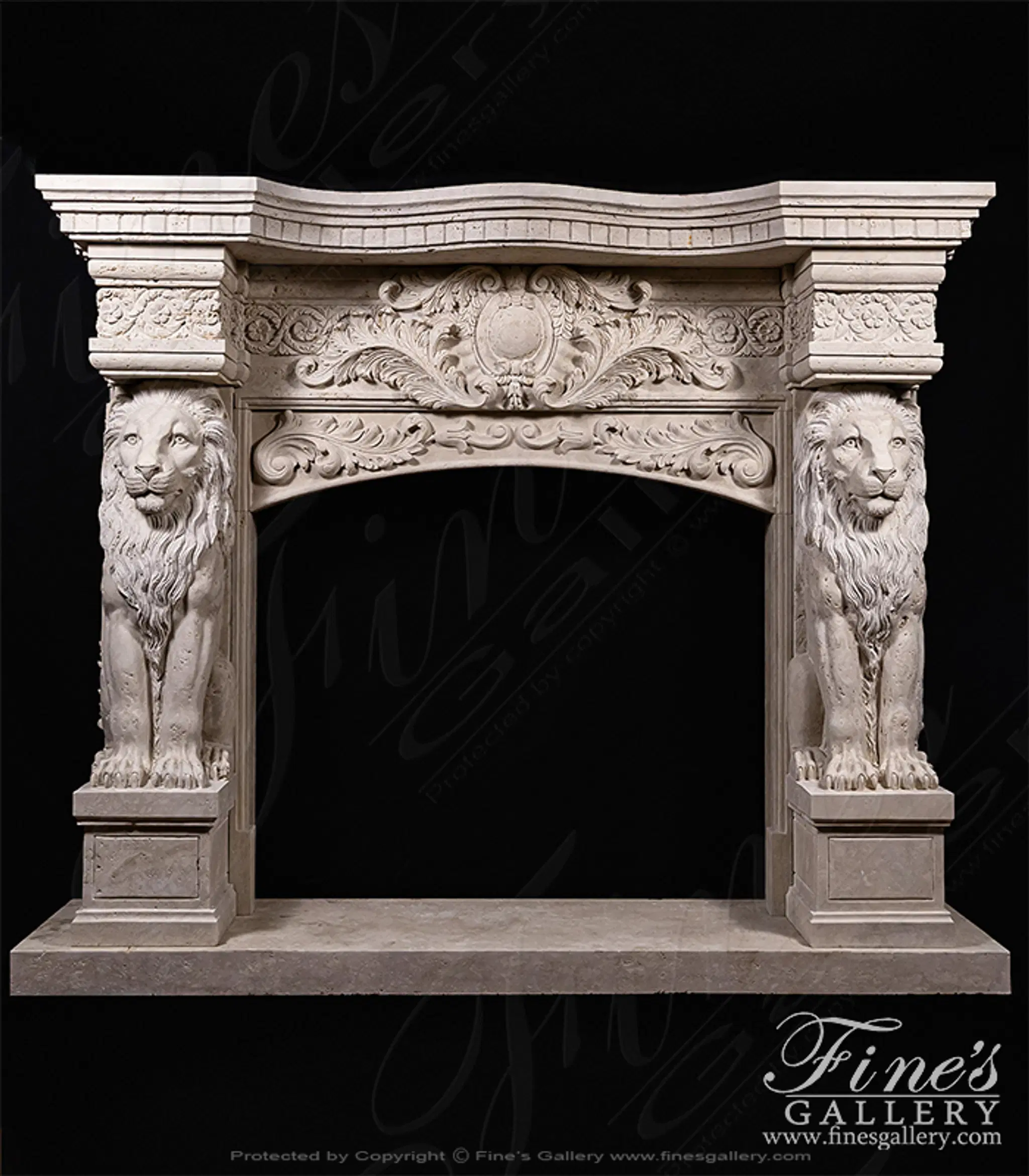Exquisite Lion Themed Mantel in Italian Roman Travertine