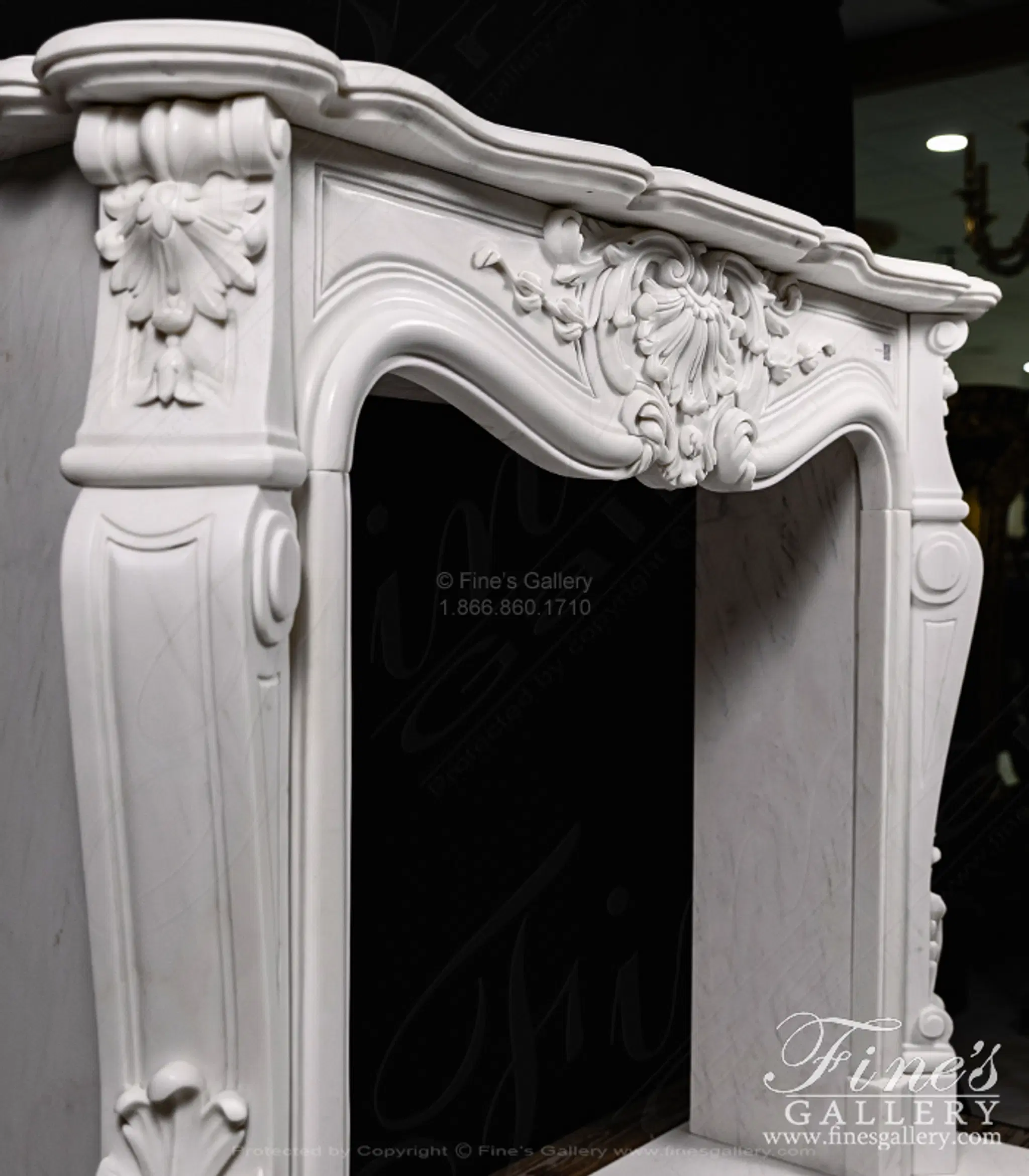 53" French Style Mantel in Statuary Marble - Elegant Fireplace Surround — Model MFP-2720 — detail view 3