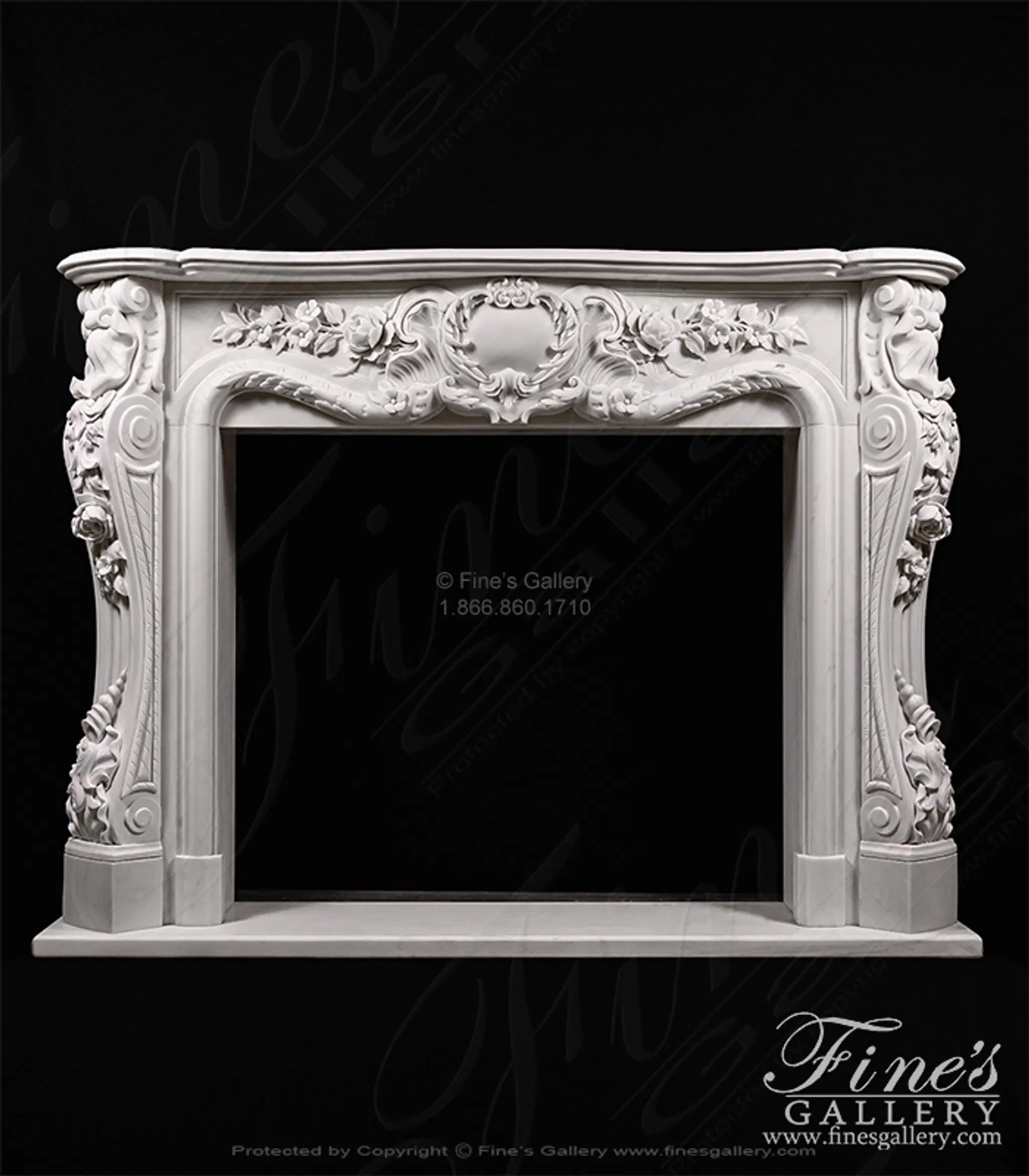Deep Relief Rose and Floral French Style Mantel in Statuary Marble