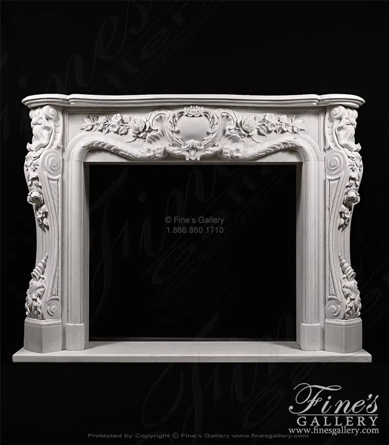 Deep Relief Rose and Floral French Style Mantel in Statuary Marble
