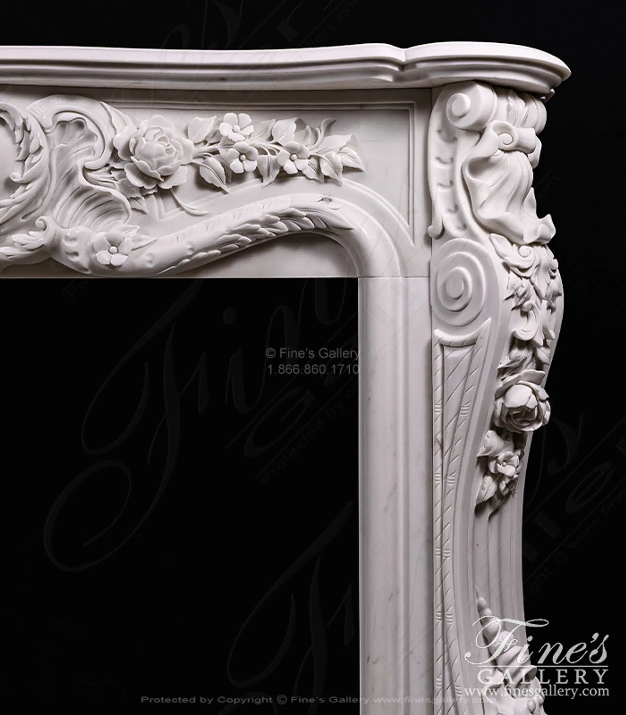 Deep Relief Rose and Floral French Style Mantel in Statuary Marble — Model MFP-2723 — detail view 4