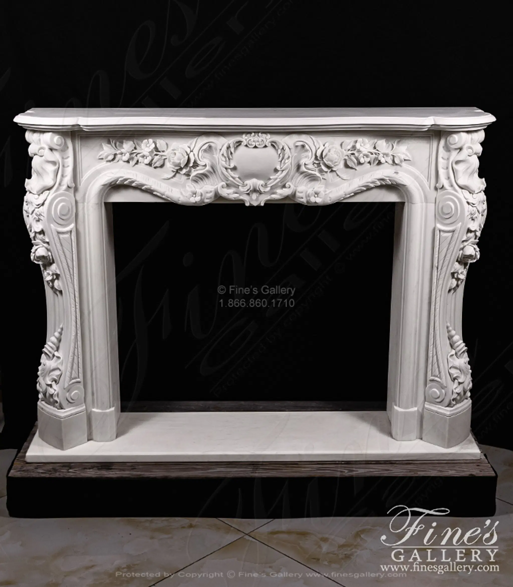 Deep Relief Rose and Floral French Style Mantel in Statuary Marble — Model MFP-2723 — detail view 1