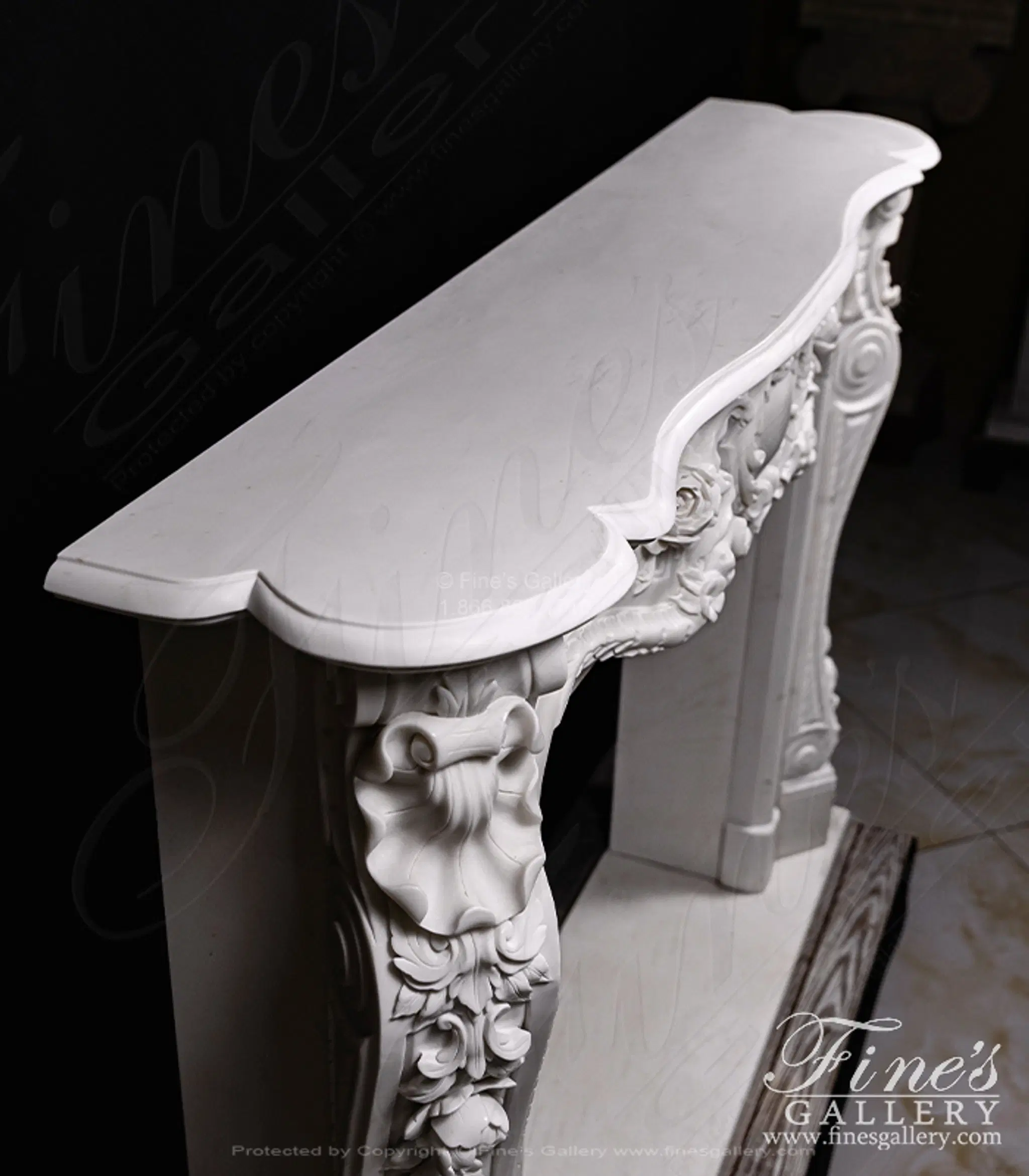Deep Relief Rose and Floral French Style Mantel in Statuary Marble — Model MFP-2723 — detail view 5
