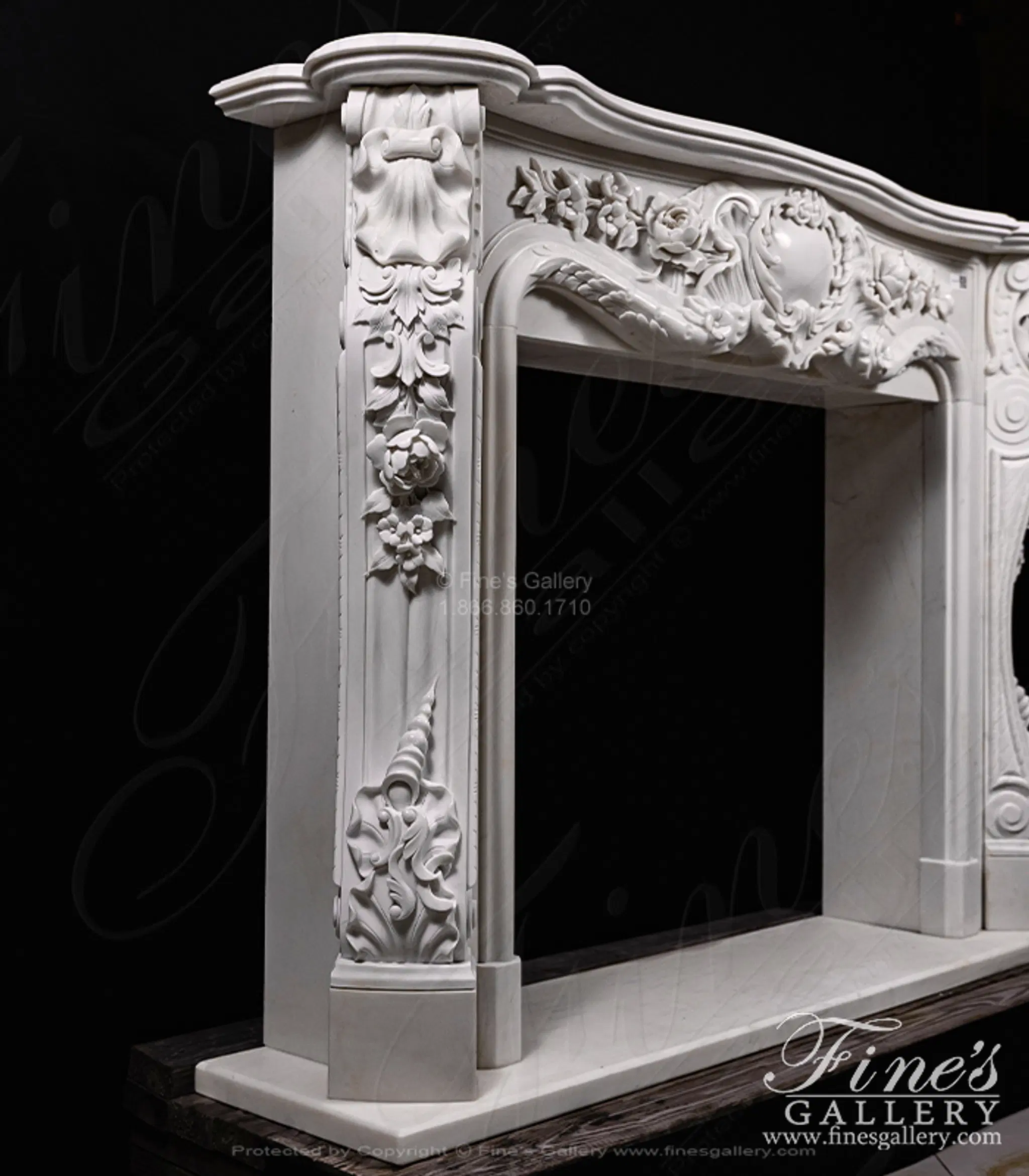 Deep Relief Rose and Floral French Style Mantel in Statuary Marble — Model MFP-2723 — detail view 2