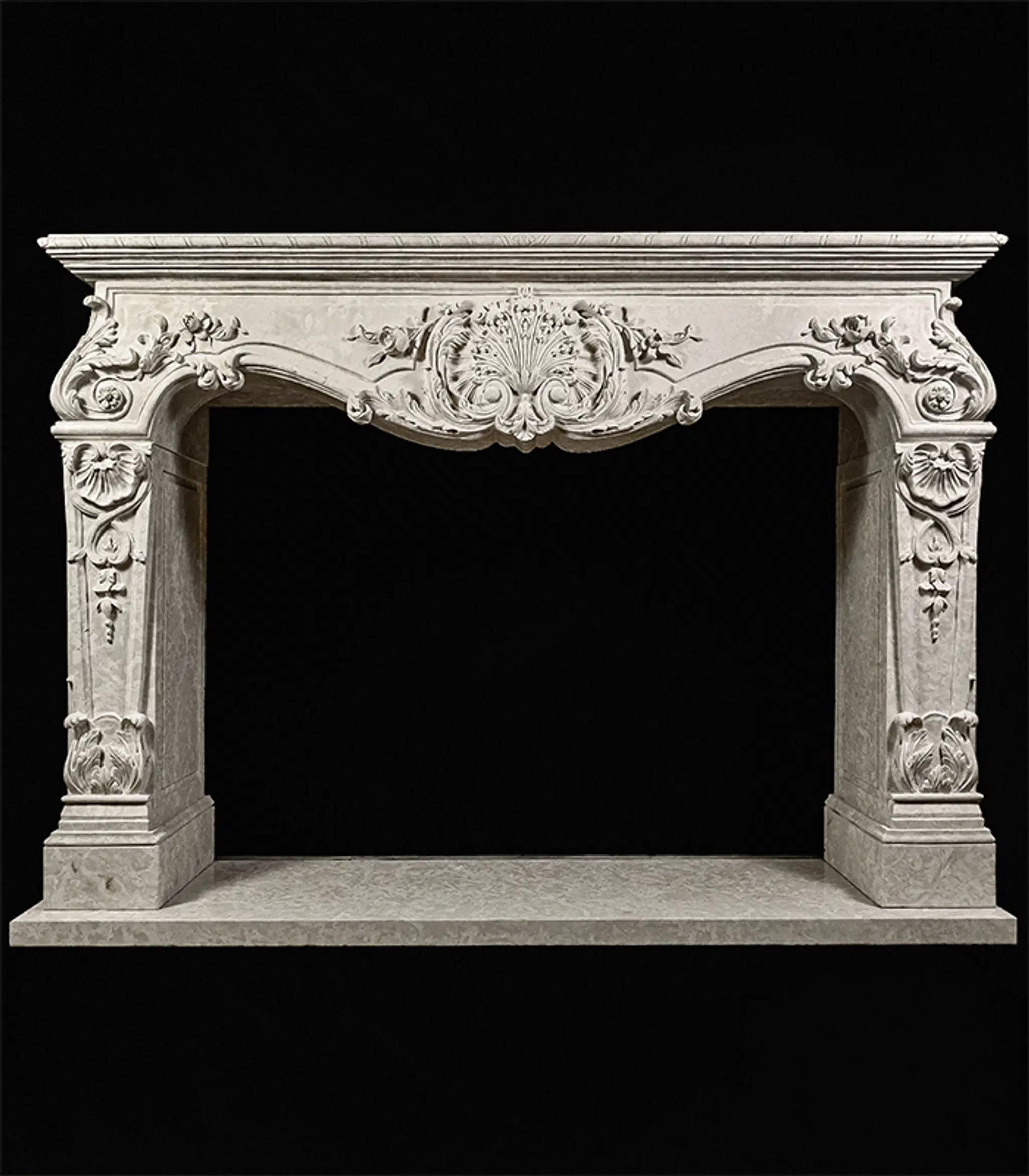 Rare Ornately Carved Mantel in Italian Botticino Marble — Model MFP-2724 — Hand-Crafted by Fine's Gallery