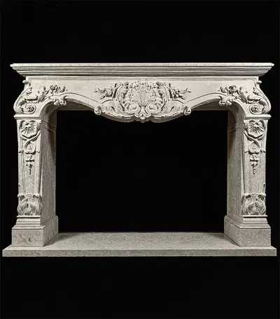 Rare Ornately Carved Mantel in Italian Botticino Marble