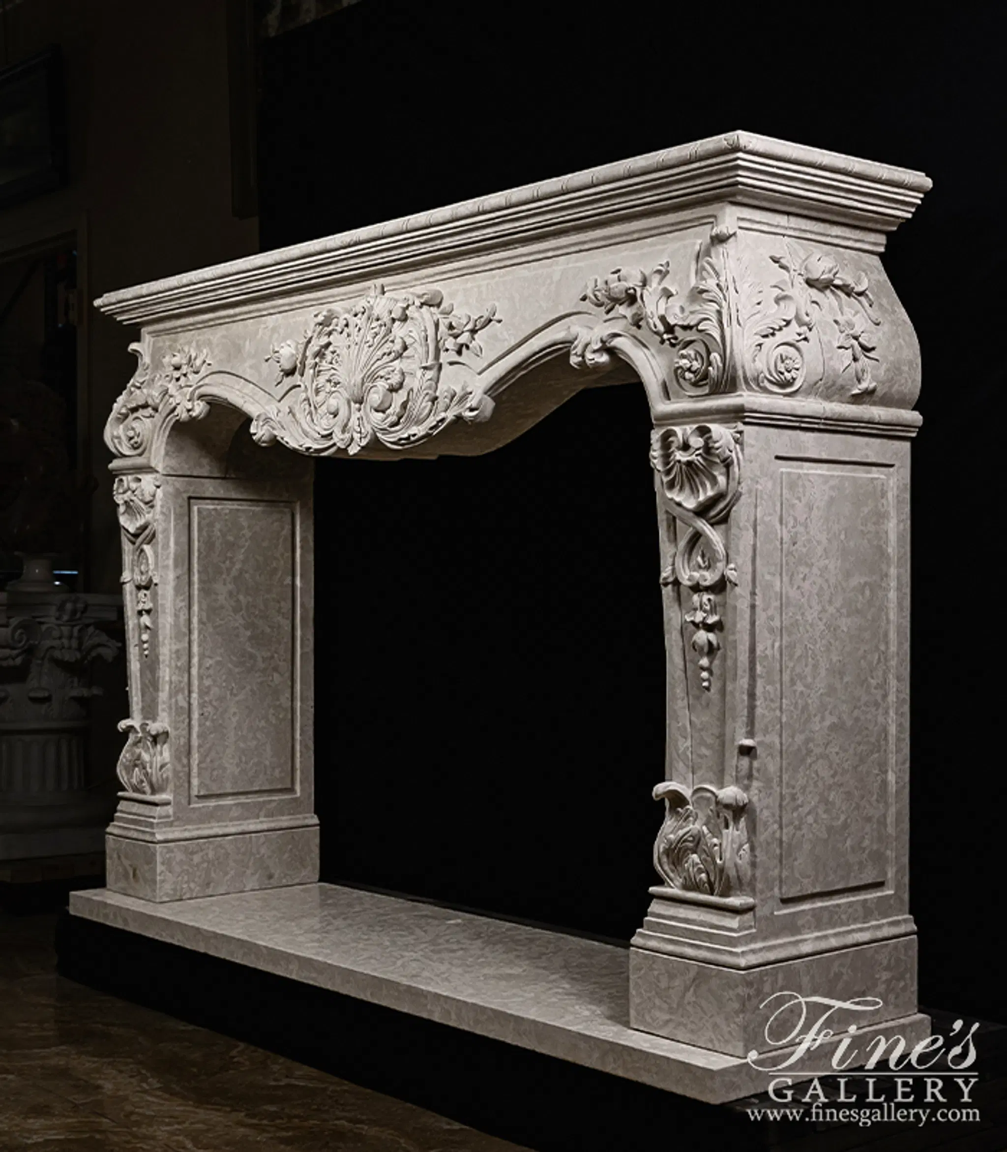 Rare Ornately Carved Mantel in Italian Botticino Marble — Model MFP-2724 — detail view 7