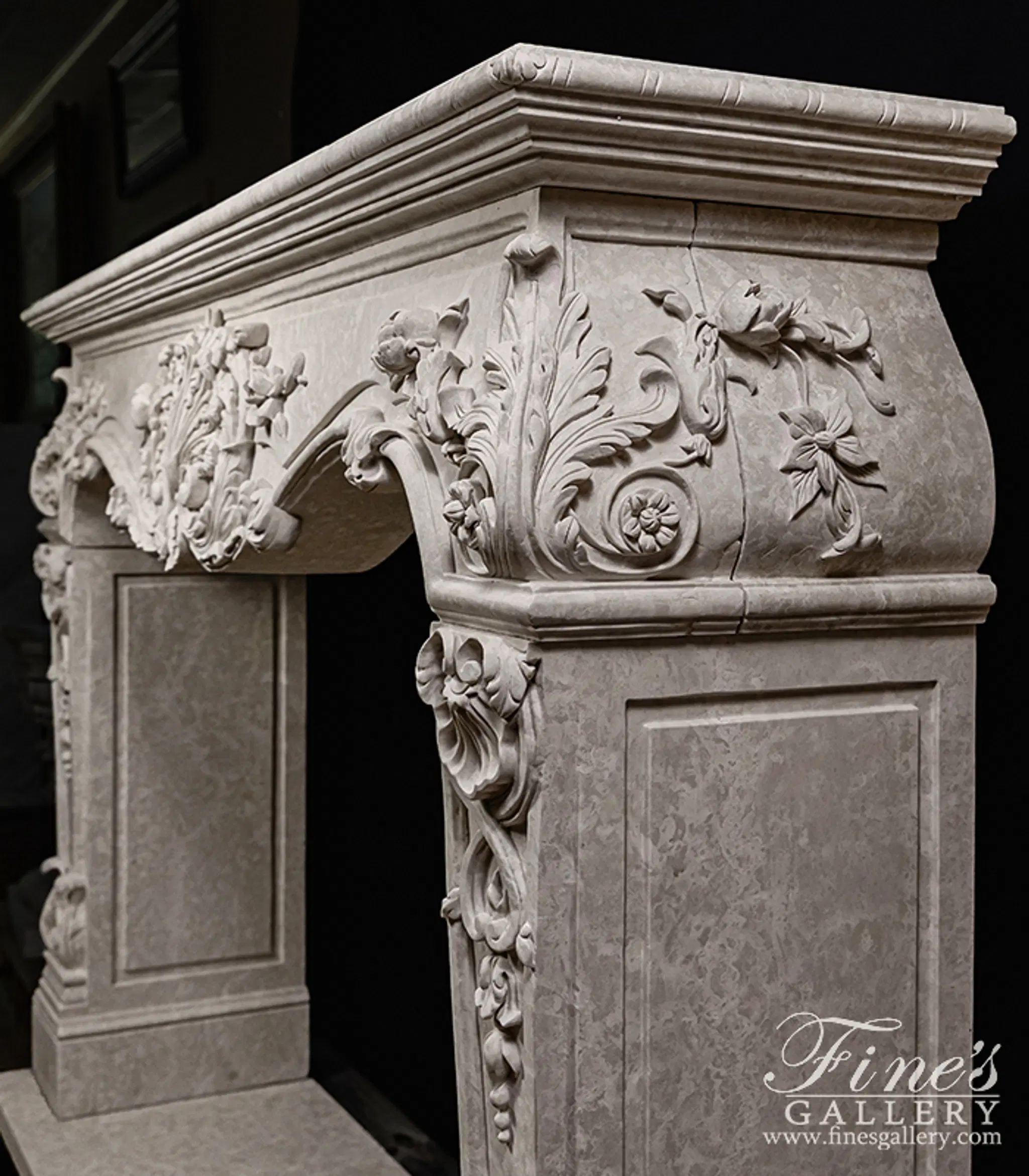Rare Ornately Carved Mantel in Italian Botticino Marble — Model MFP-2724 — detail view 8