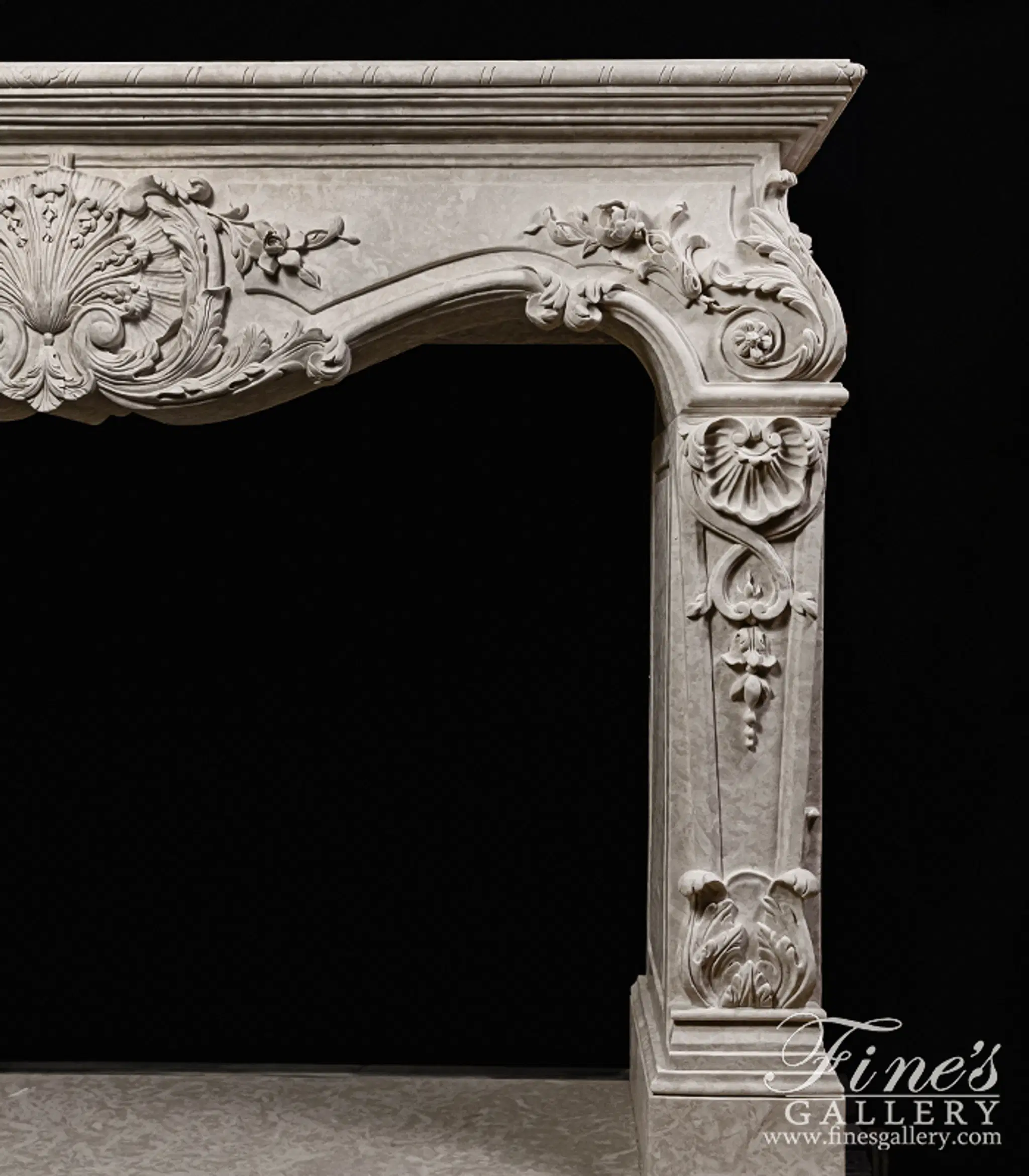 Rare Ornately Carved Mantel in Italian Botticino Marble — Model MFP-2724 — detail view 9