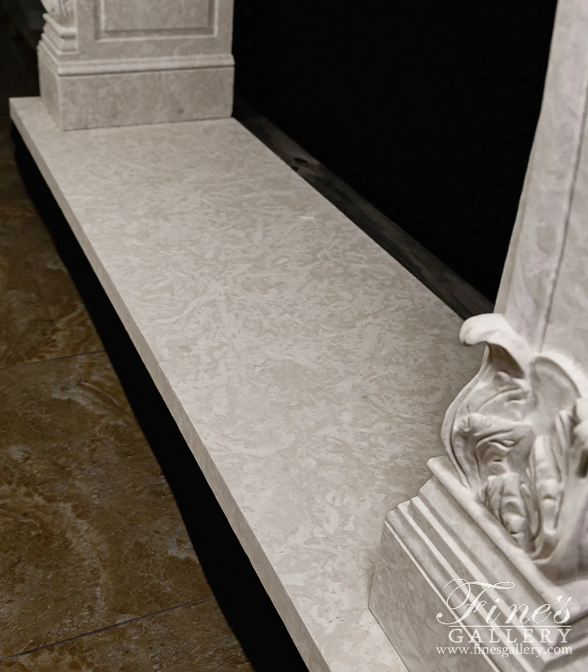 Rare Ornately Carved Mantel in Italian Botticino Marble — Model MFP-2724 — detail view 10