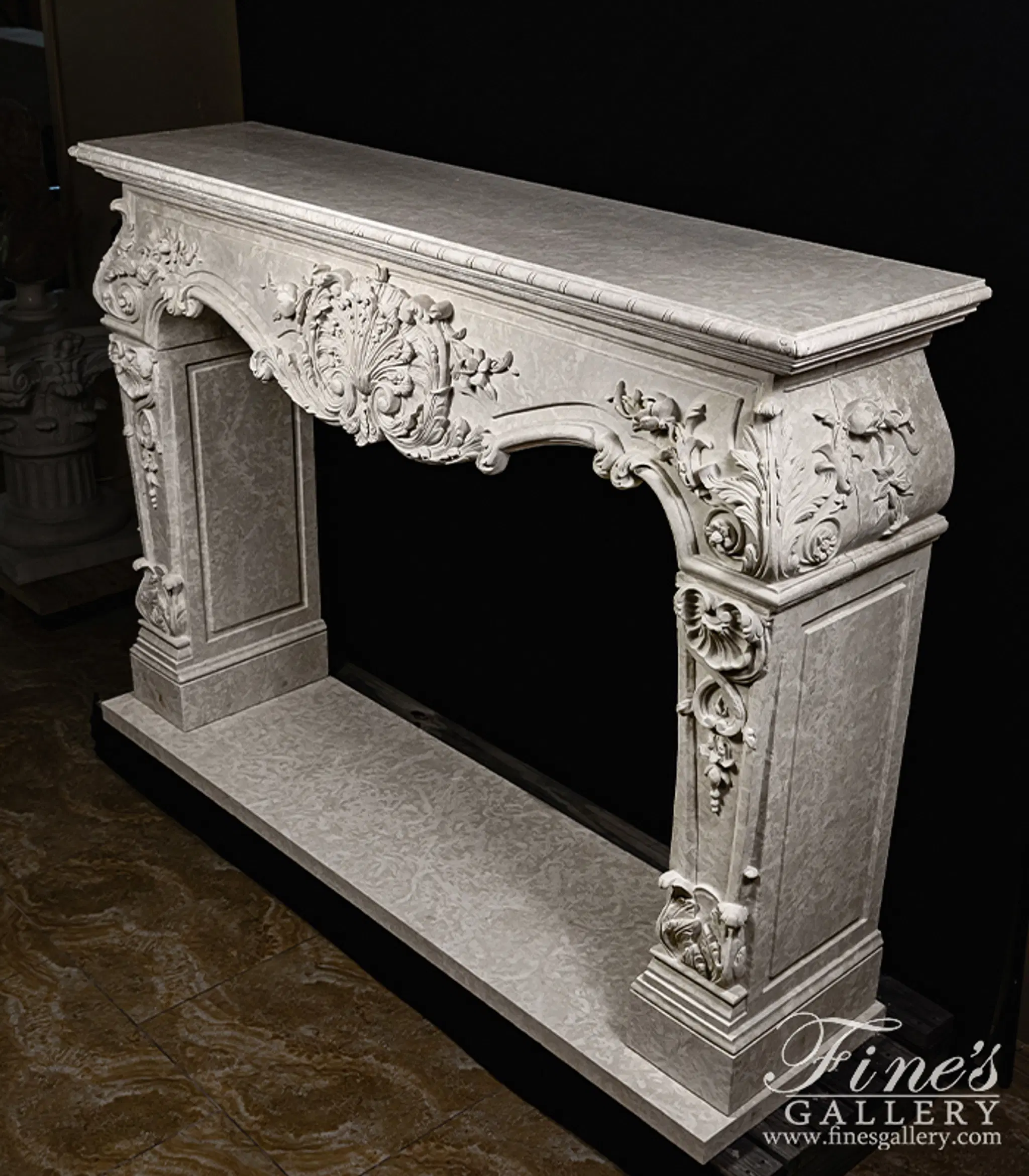 Rare Ornately Carved Mantel in Italian Botticino Marble — Model MFP-2724 — detail view 1