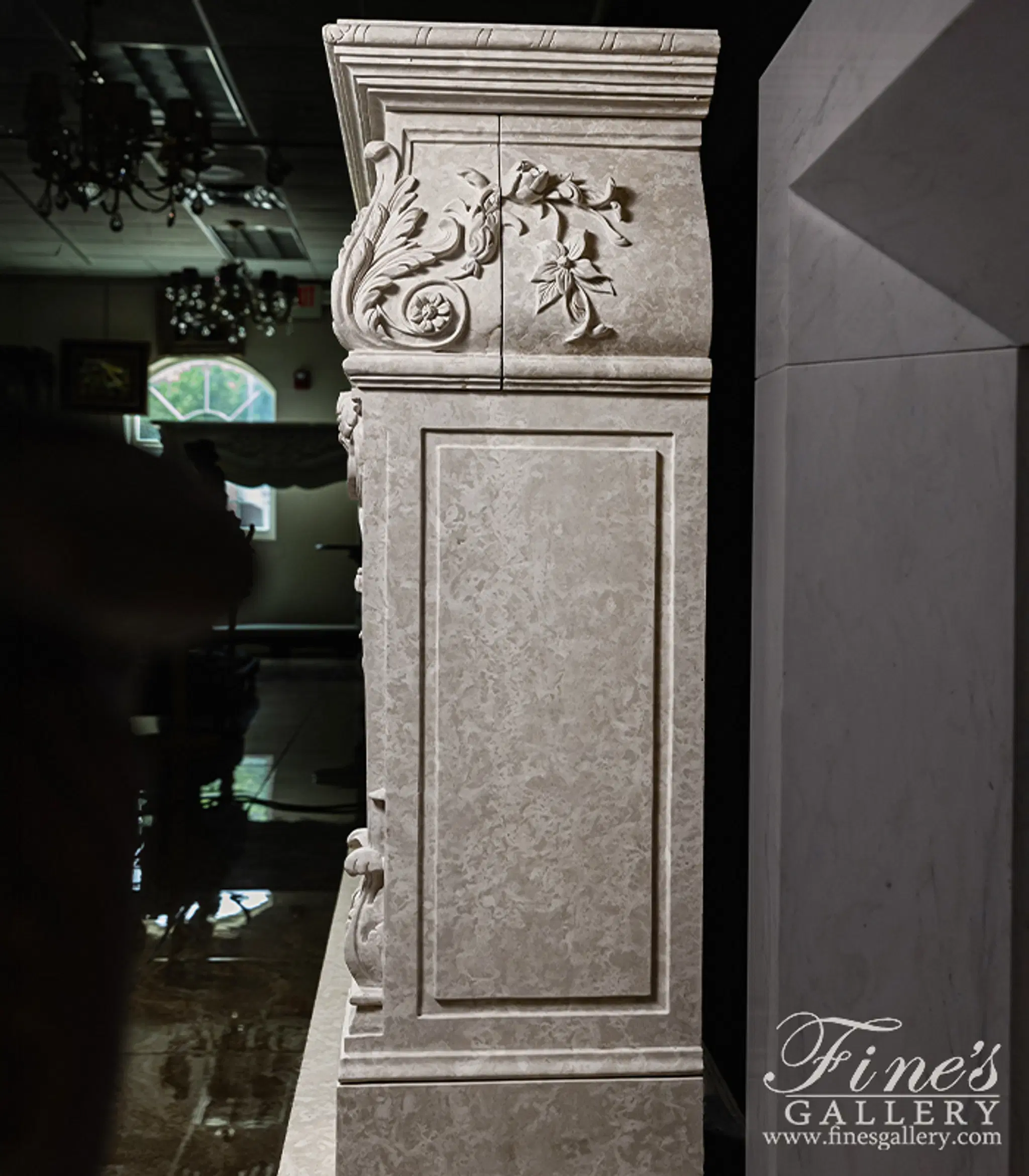 Rare Ornately Carved Mantel in Italian Botticino Marble — Model MFP-2724 — detail view 11