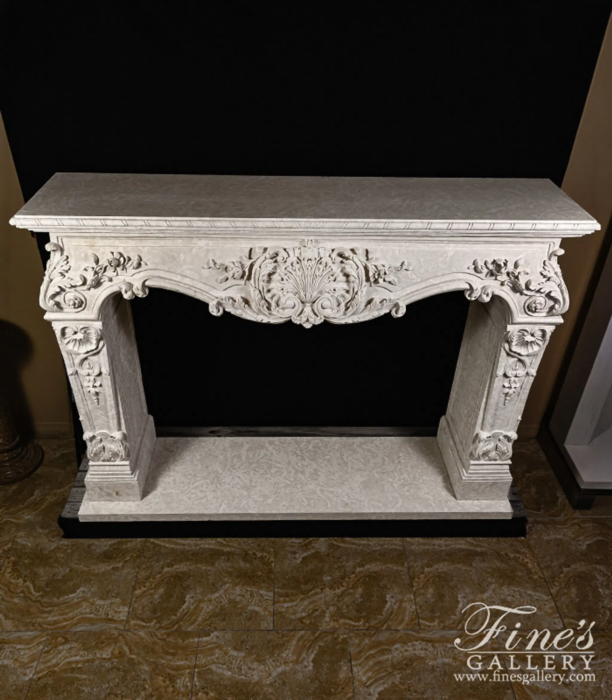 Rare Ornately Carved Mantel in Italian Botticino Marble — Model MFP-2724 — detail view 2