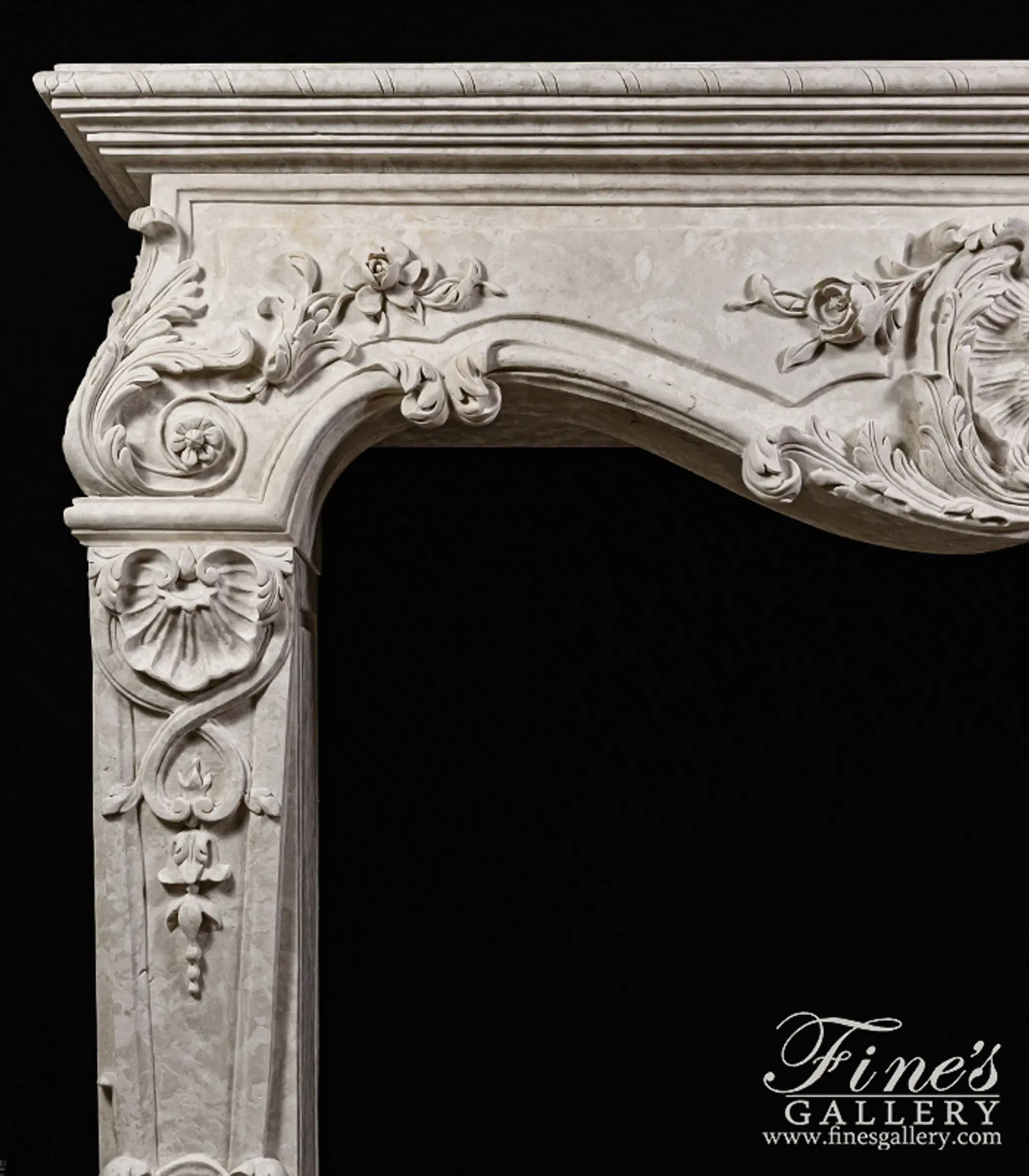 Rare Ornately Carved Mantel in Italian Botticino Marble — Model MFP-2724 — detail view 3