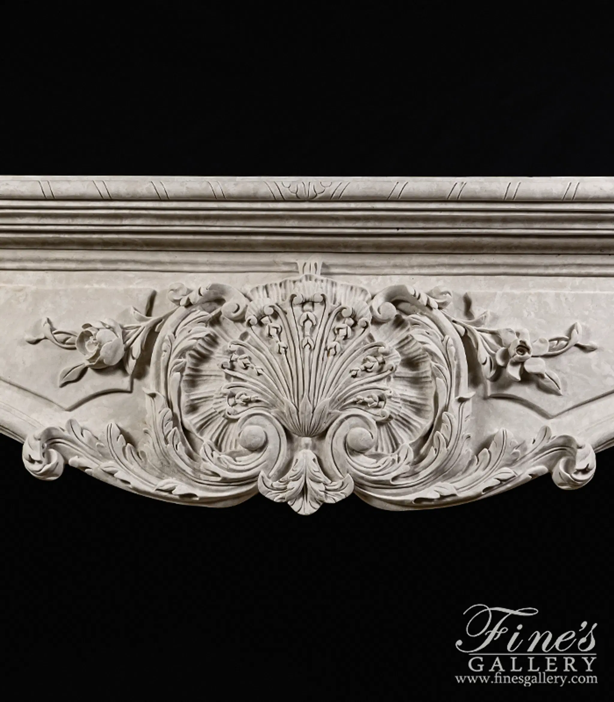 Rare Ornately Carved Mantel in Italian Botticino Marble — Model MFP-2724 — detail view 4