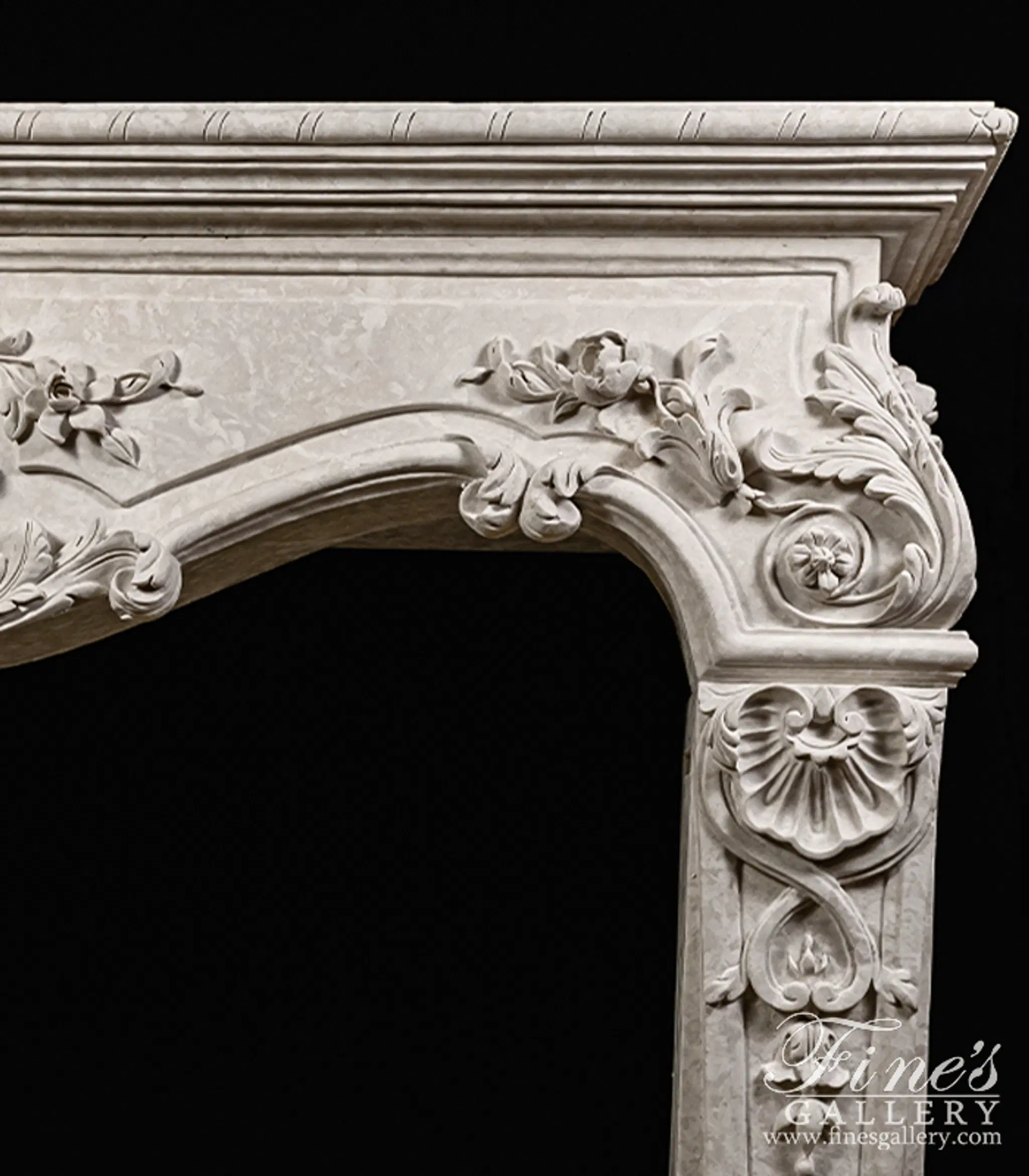 Rare Ornately Carved Mantel in Italian Botticino Marble — Model MFP-2724 — detail view 5