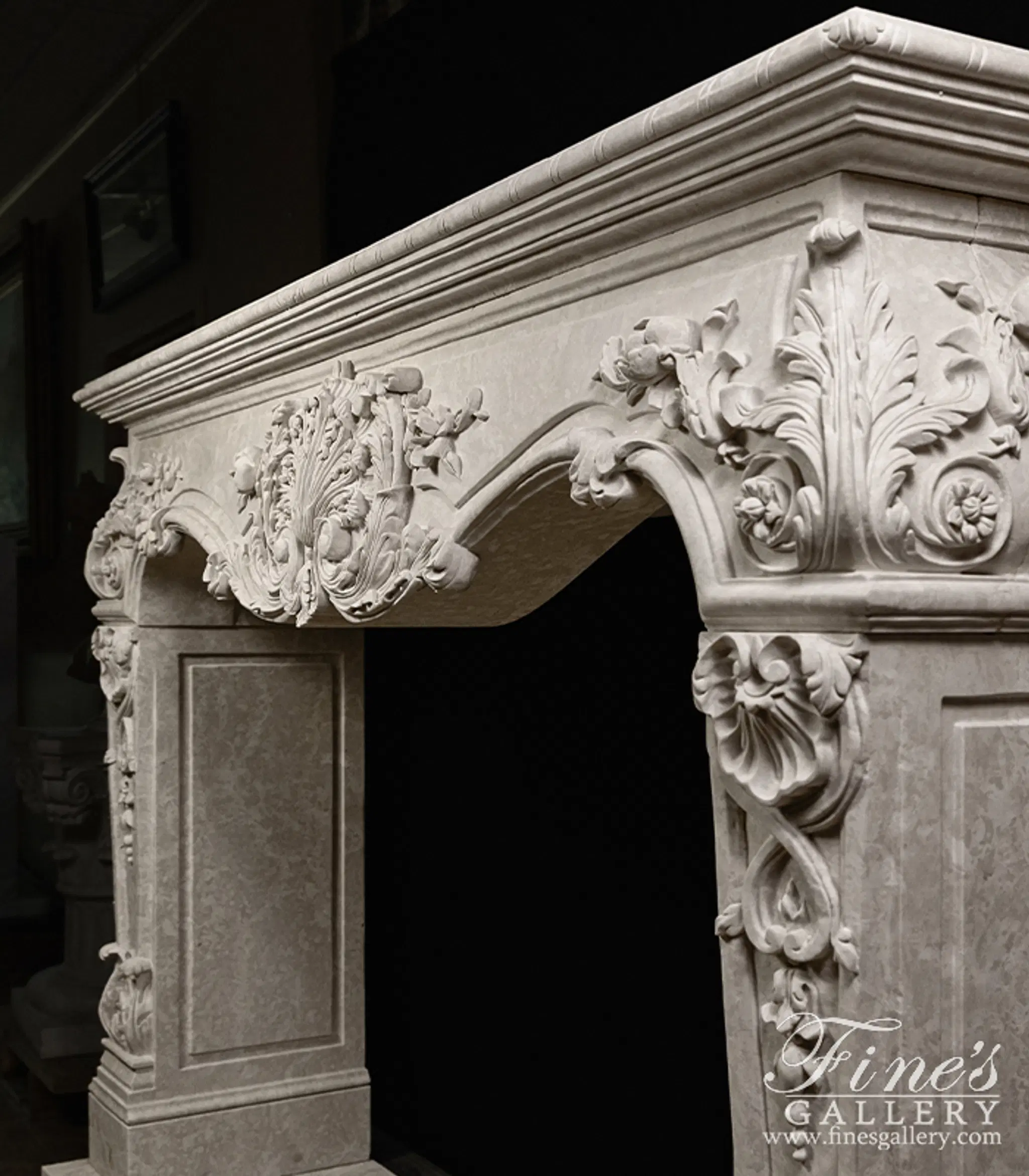 Rare Ornately Carved Mantel in Italian Botticino Marble — Model MFP-2724 — detail view 6