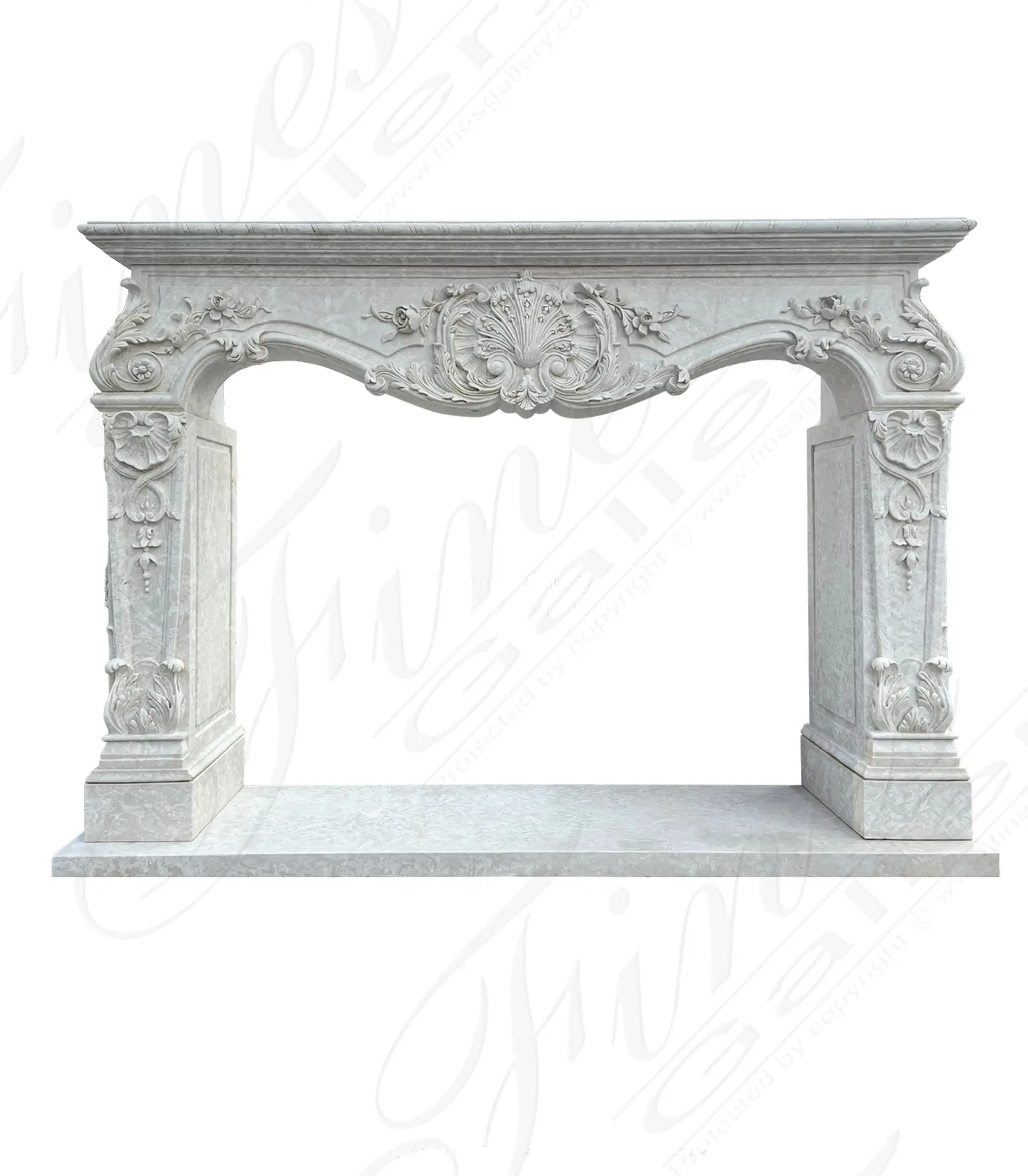 Rare Ornately Carved Mantel in Italian Botticino Marble