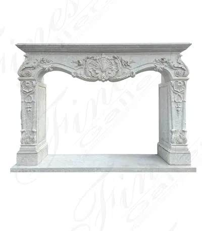 Rare Ornately Carved Mantel in Italian Botticino Marble