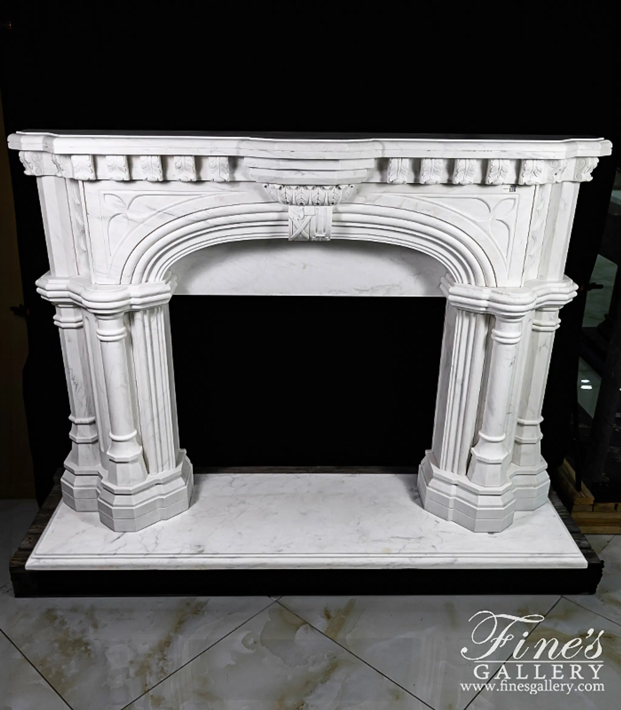 White Tudor Style Marble Fireplace Mantel — Model MFP-817 — detail view 1