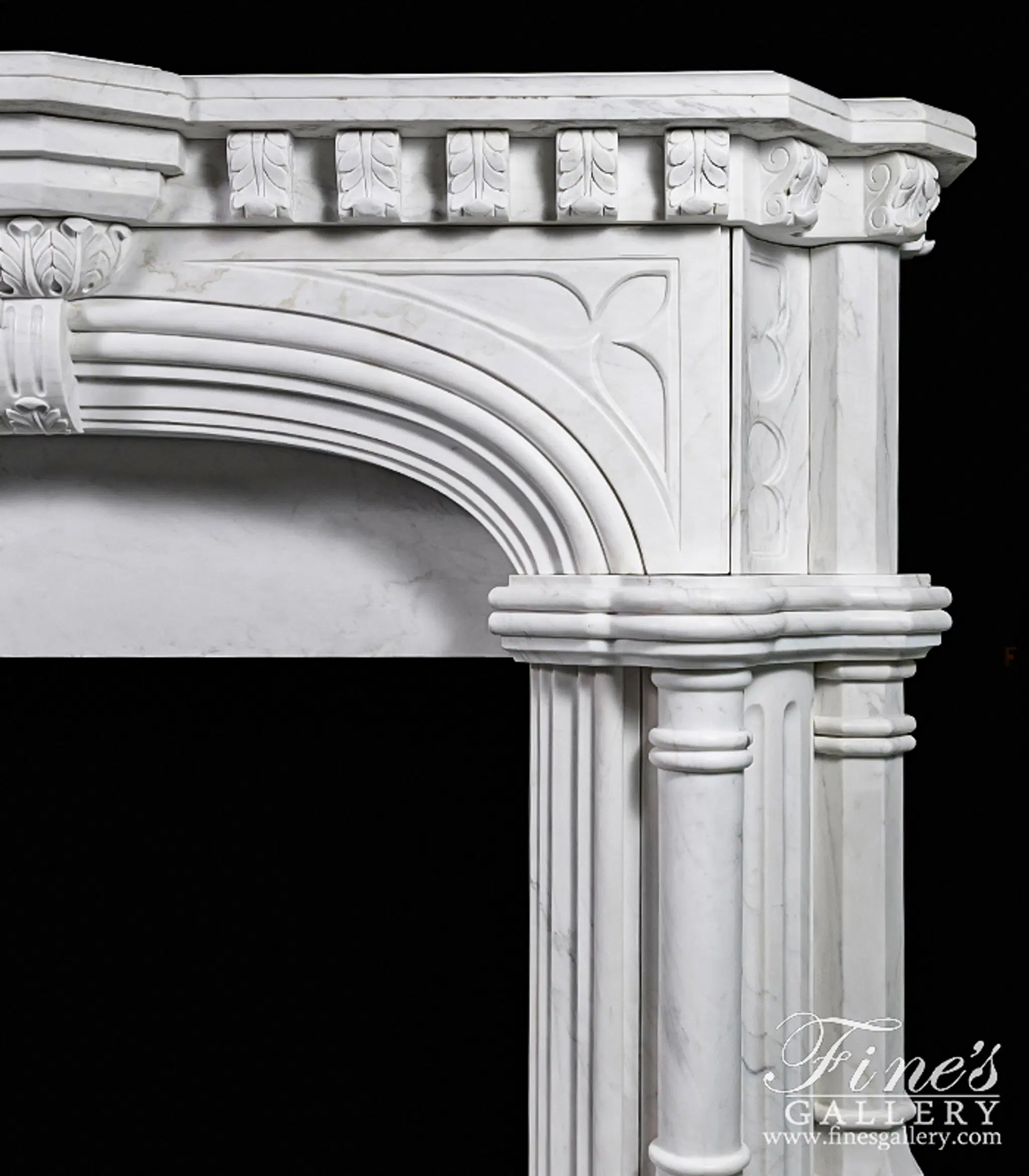White Tudor Style Marble Fireplace Mantel — Model MFP-817 — detail view 2