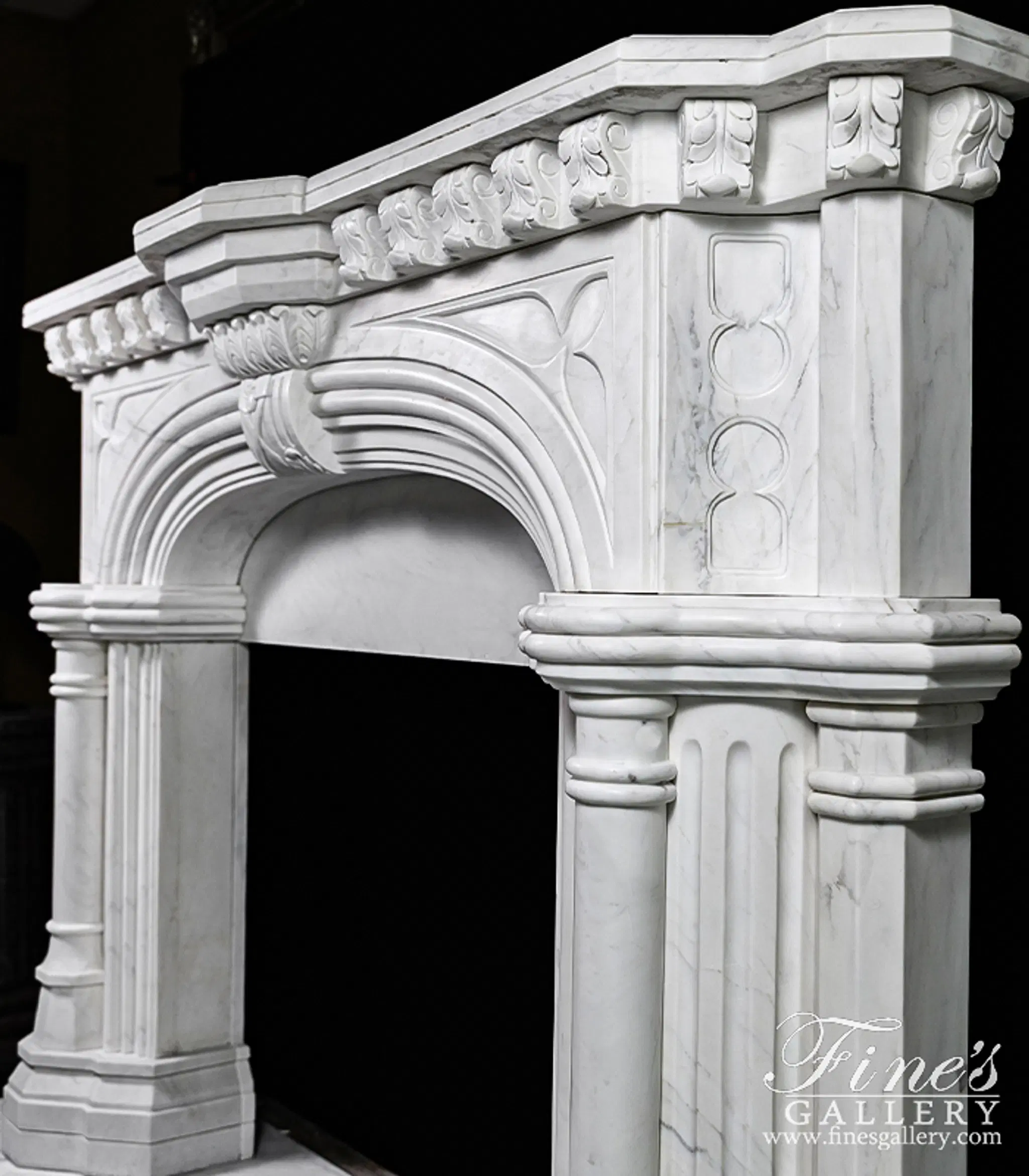 White Tudor Style Marble Fireplace Mantel — Model MFP-817 — detail view 3
